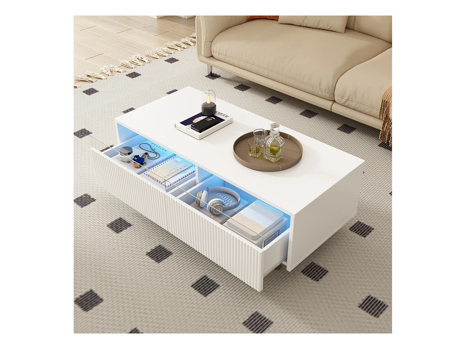Table basse moderne - 110 x 50 x 40 cm - avec 2 tiroirs + Leds - MDF - blanc