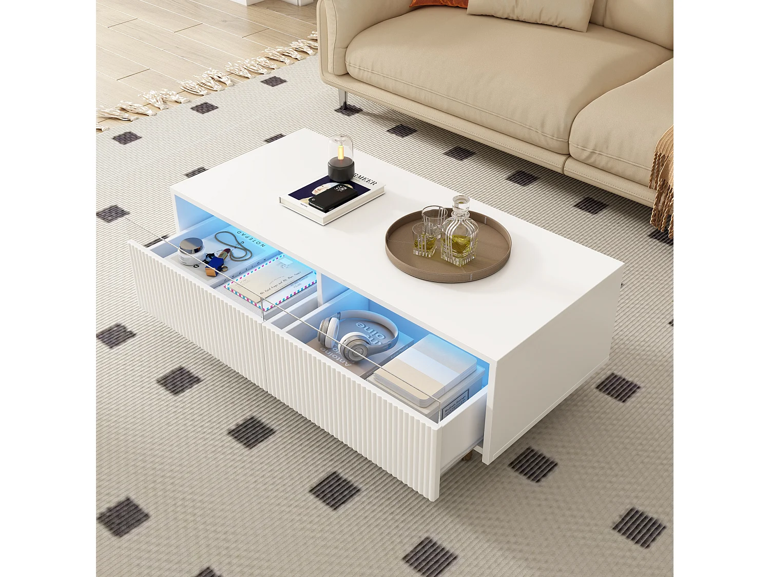 Table basse moderne - 110 x 50 x 40 cm - avec 2 tiroirs + Leds - MDF - blanc