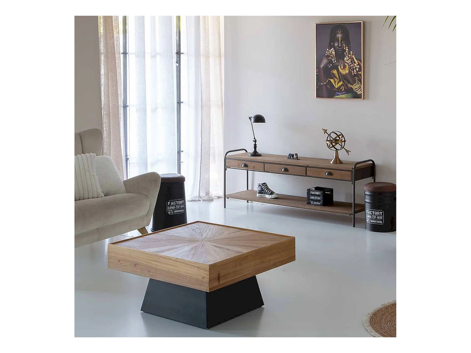 table dappoint carrée bois naturel et métal noir contemporain