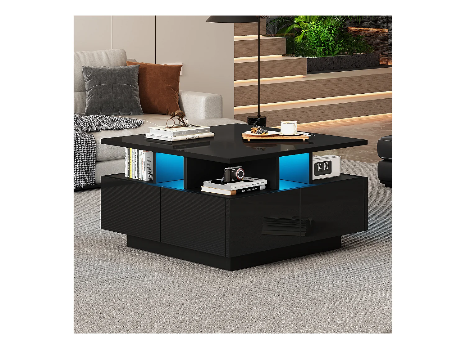 Table basse carrée brillante 70x70x40 cm - avec éclairage LED - 4 tiroirs - Noir