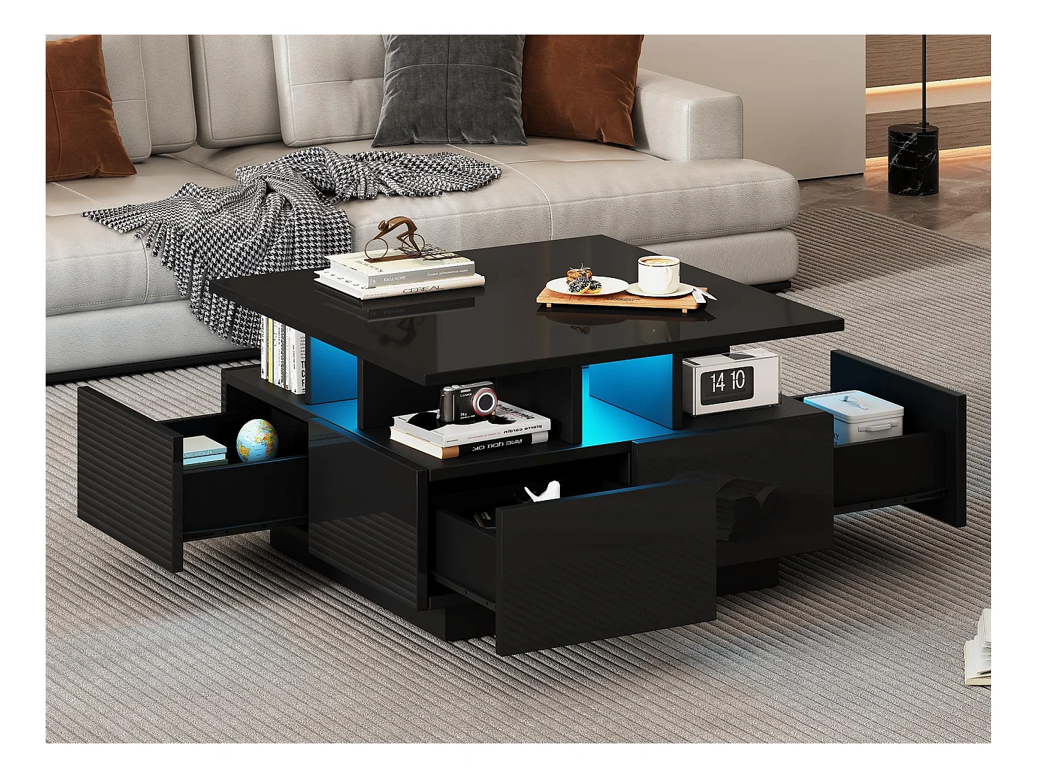Table basse carrée brillante 70x70x40 cm - avec éclairage LED - 4 tiroirs - Noir