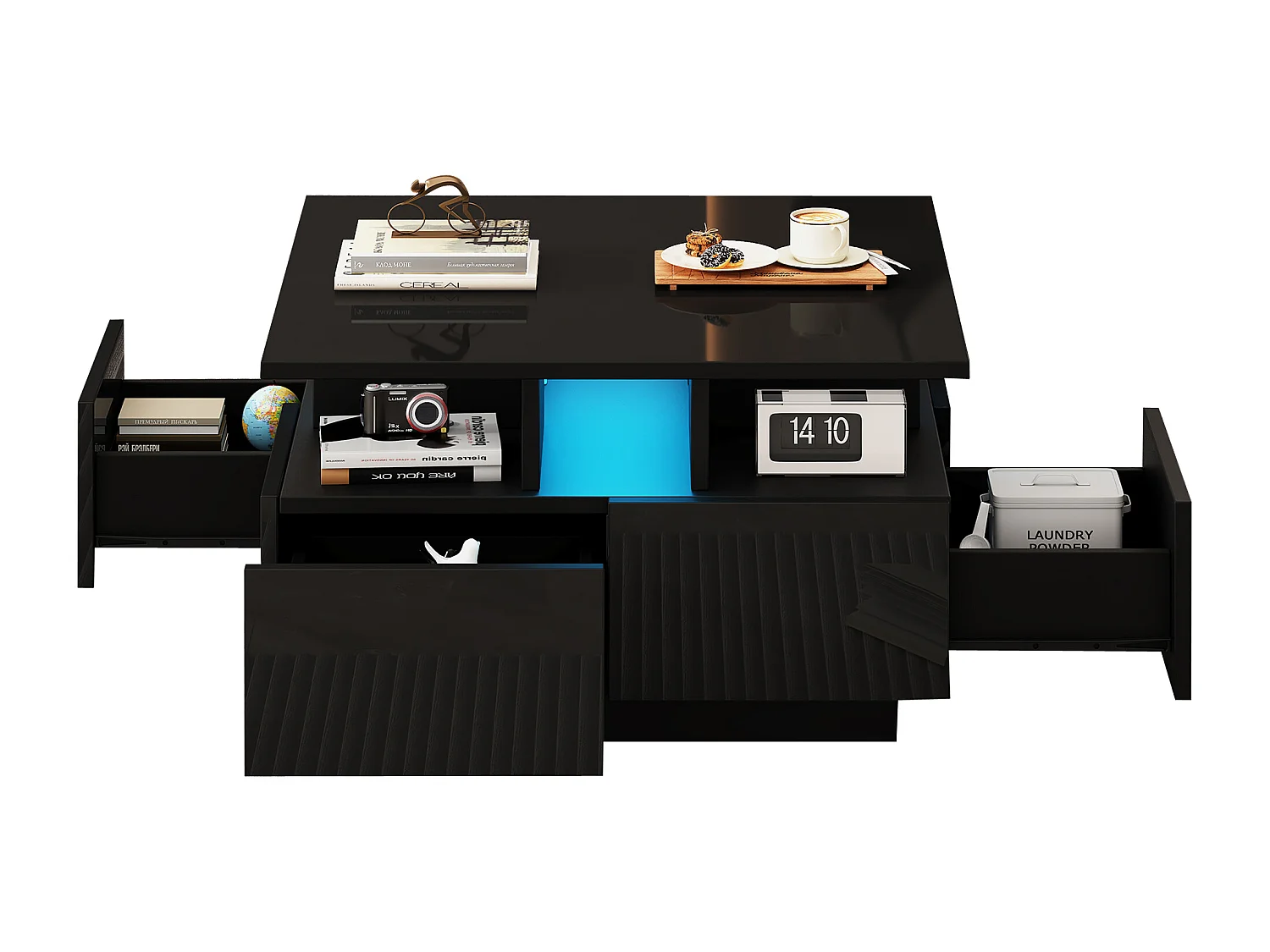 Hochglanz Quadrat-Couchtisch 70×70×40 cm - mit LED-Beleuchtung - 4 Schubladen - schwarz