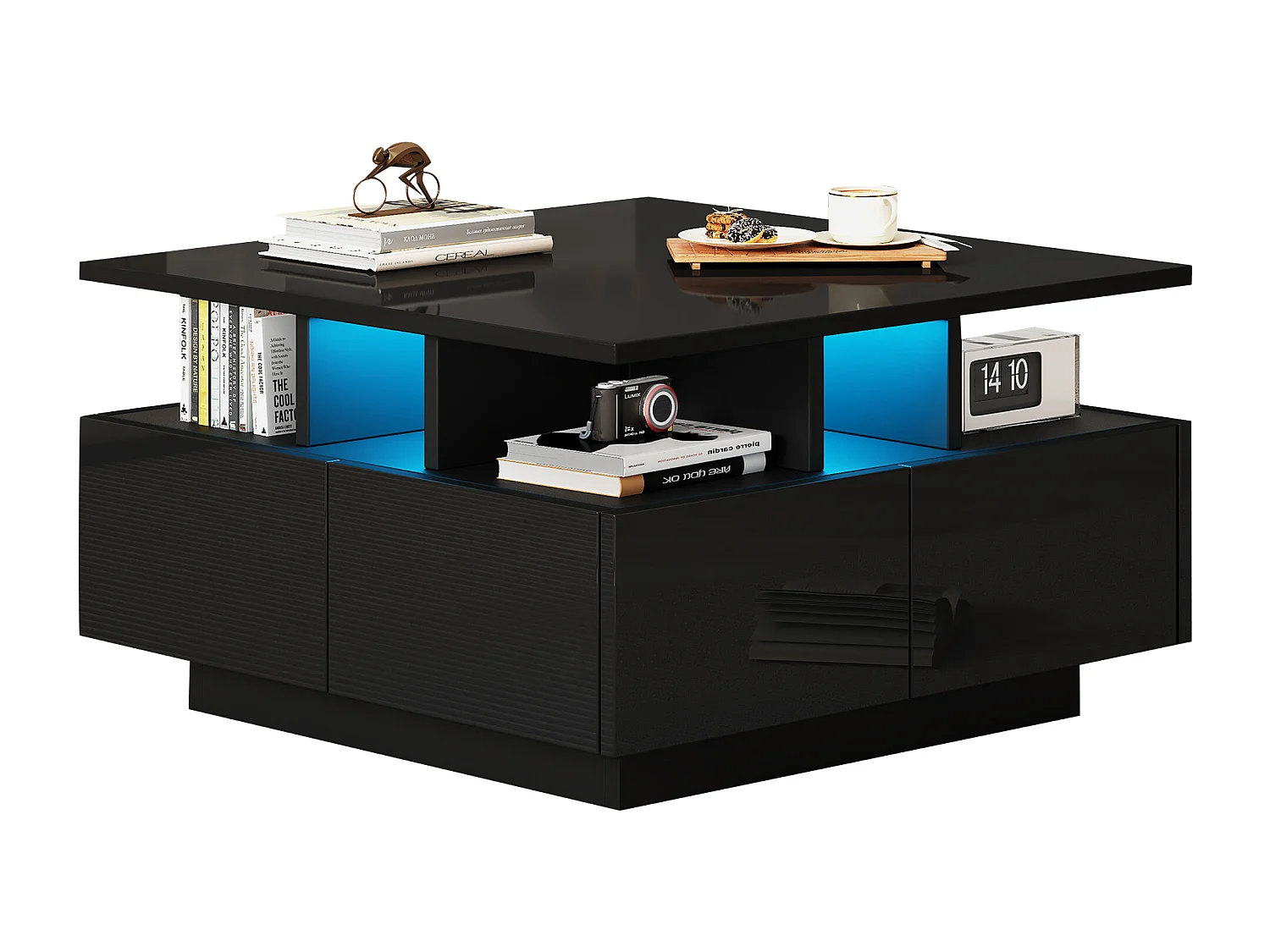 Hochglanz Quadrat-Couchtisch 70×70×40 cm - mit LED-Beleuchtung - 4 Schubladen - schwarz