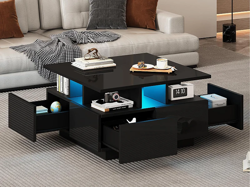 Table basse carrée brillante 70x70x40 cm - avec éclairage LED - 4 tiroirs - Noir