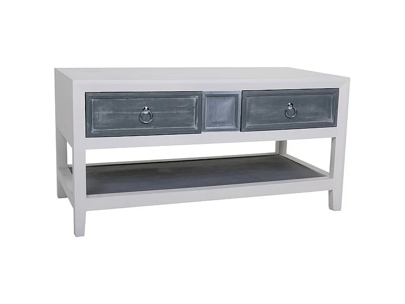 Table basse bois blanc et gris avec tiroirs et étagère