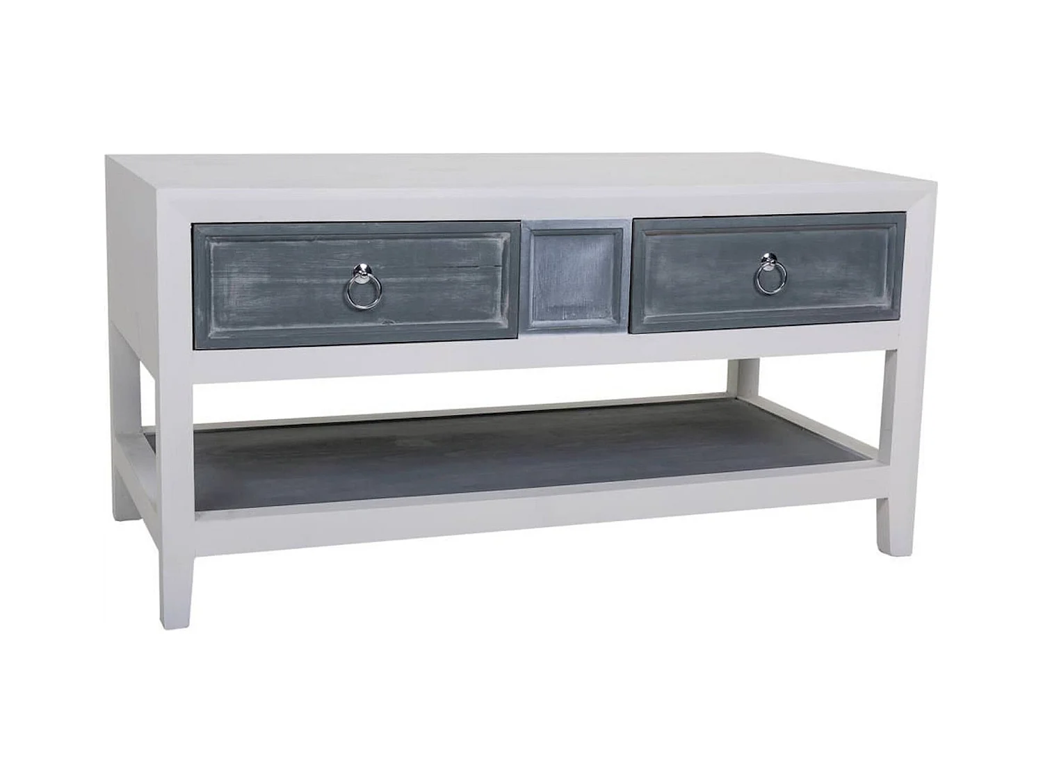 Table basse bois blanc et gris avec tiroirs et étagère