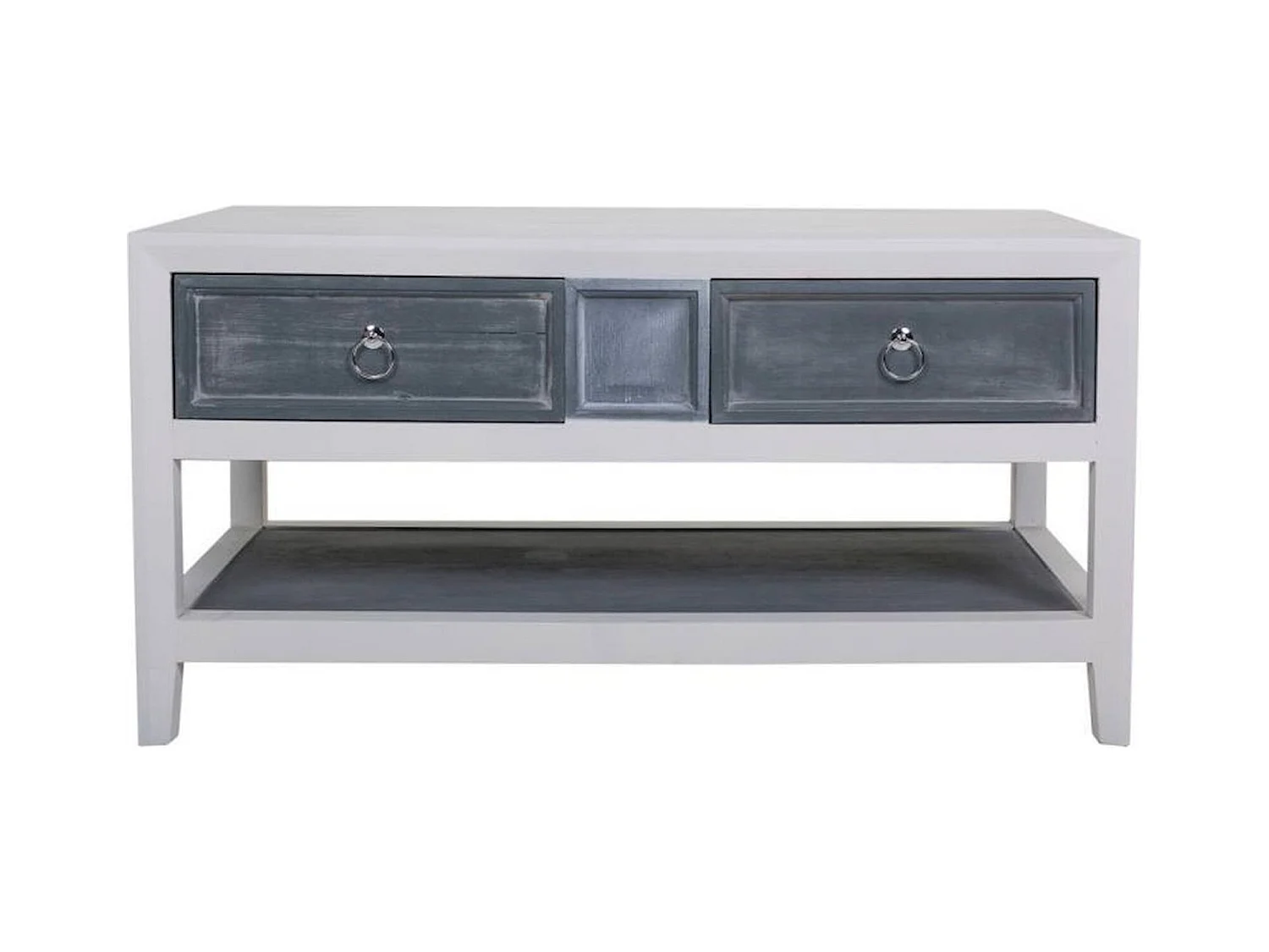 Table basse bois blanc et gris avec tiroirs et étagère