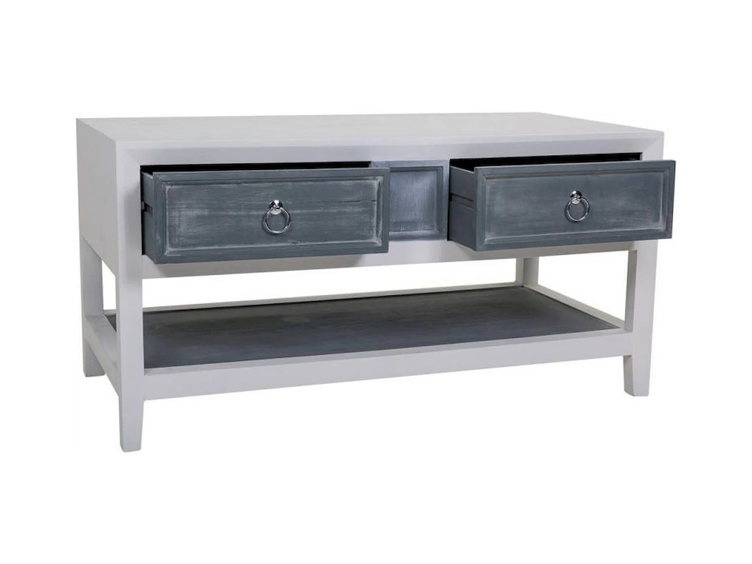 Table basse bois blanc et gris avec tiroirs et étagère
