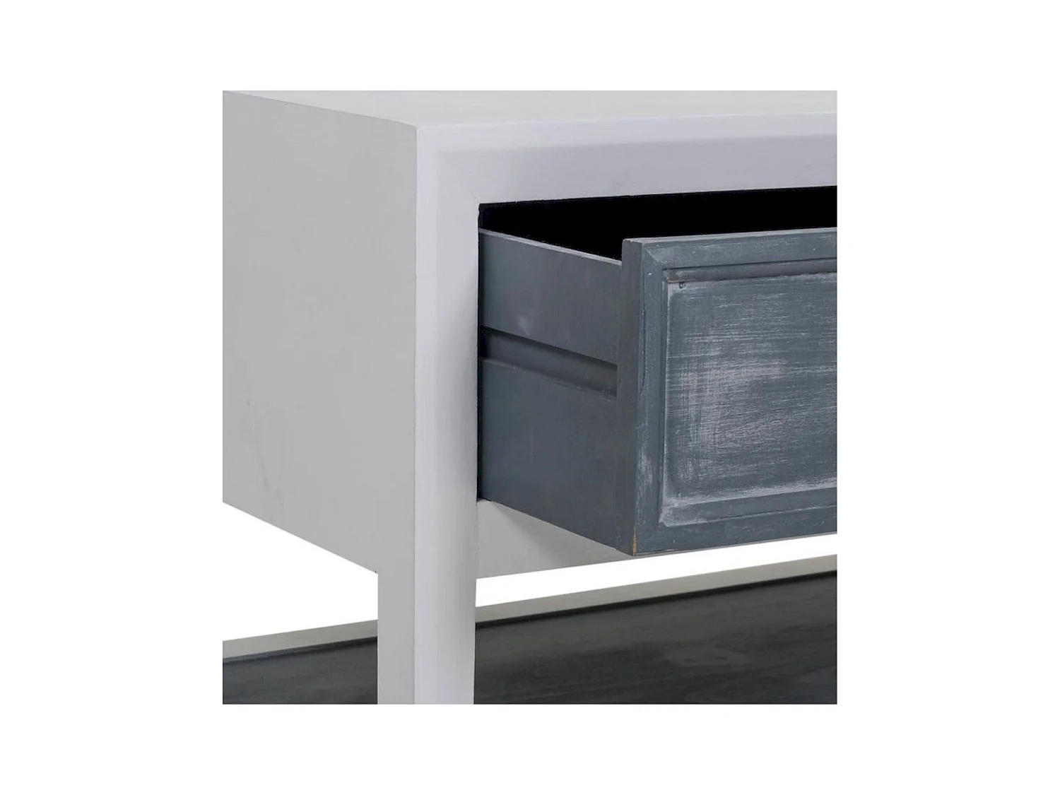 Table basse bois blanc et gris avec tiroirs et étagère