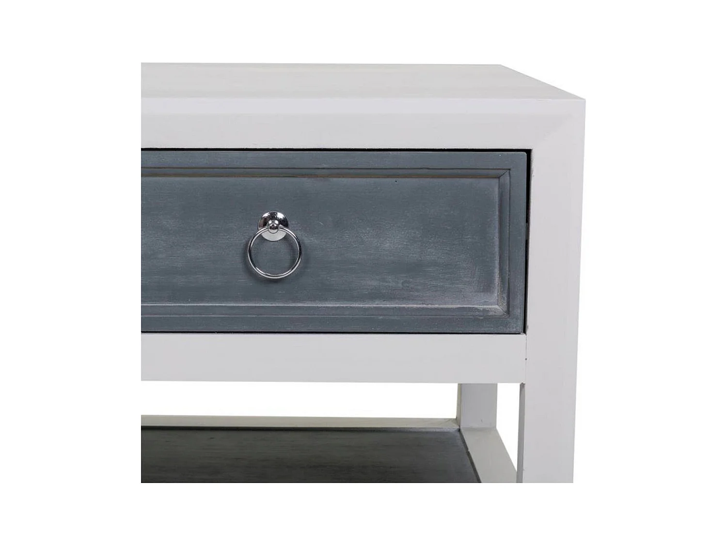 Table basse bois blanc et gris avec tiroirs et étagère