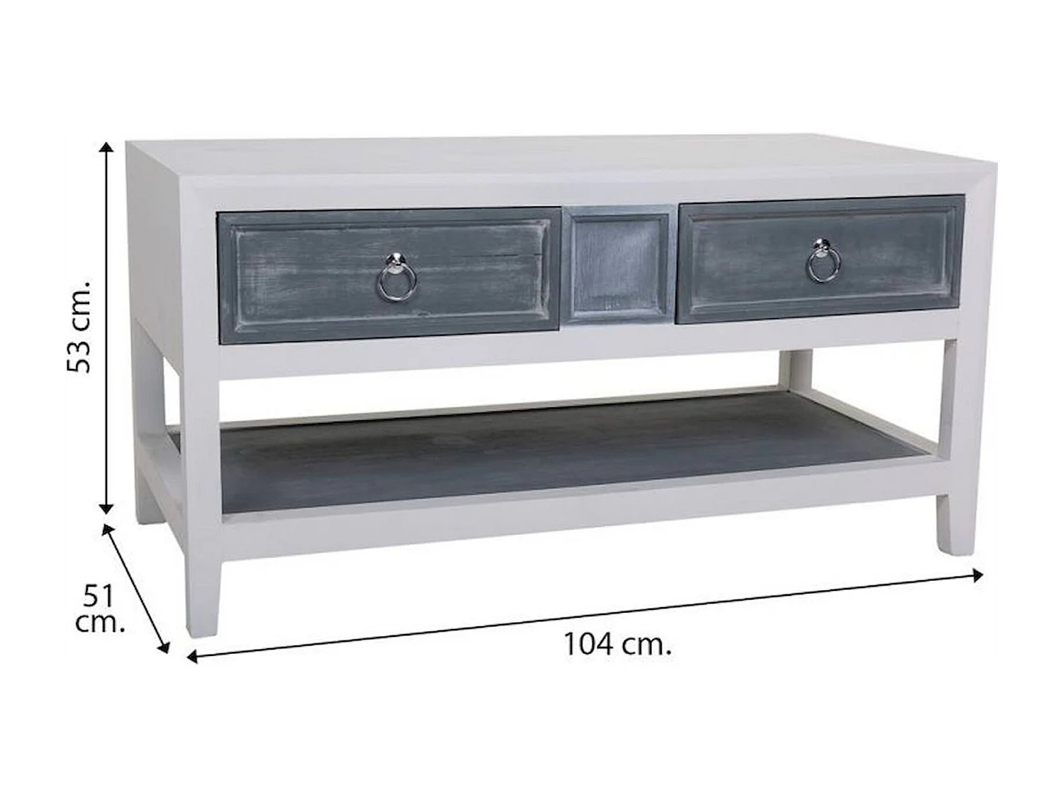 Table basse bois blanc et gris avec tiroirs et étagère