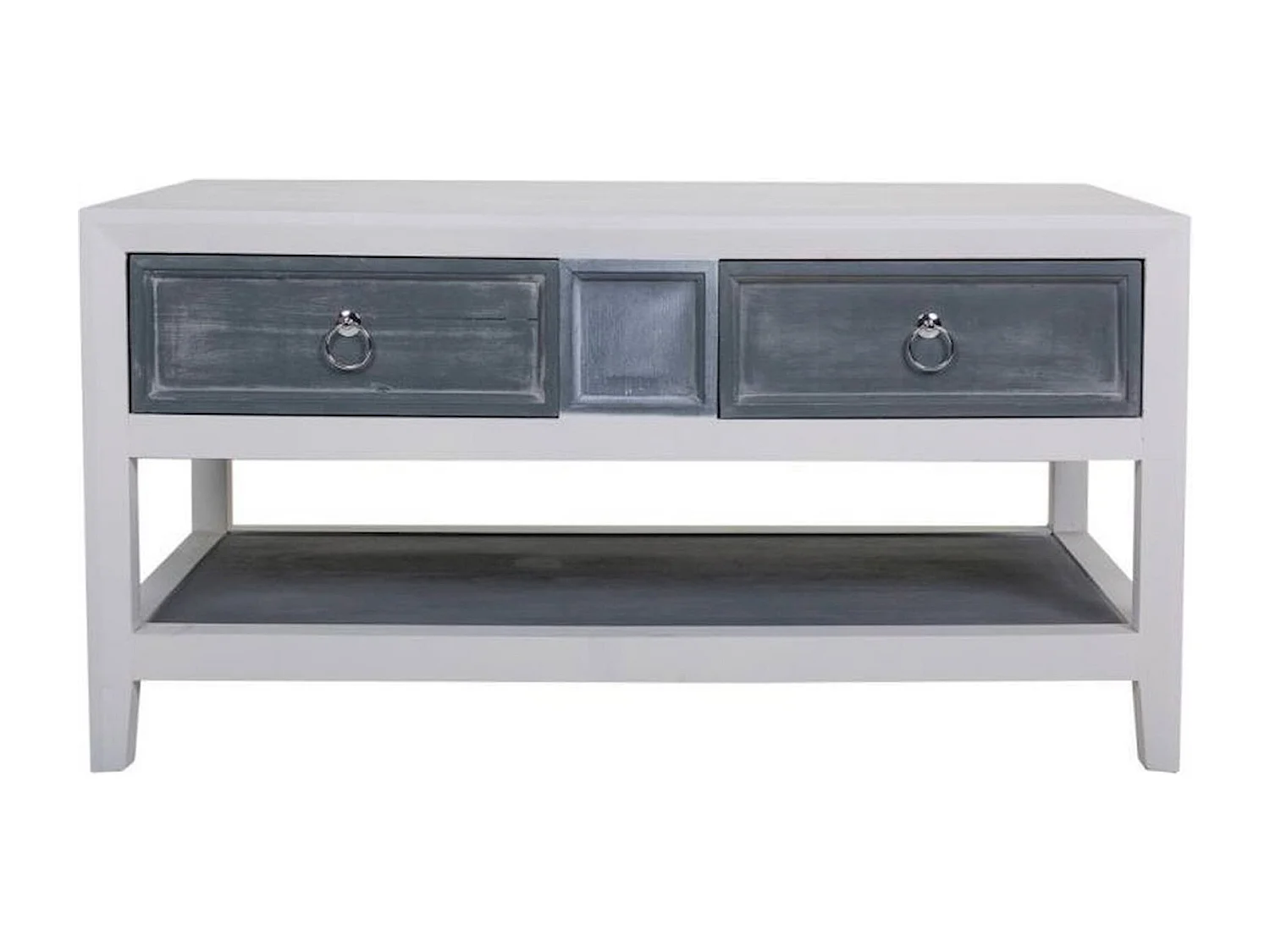 Table basse bois blanc et gris avec tiroirs et étagère