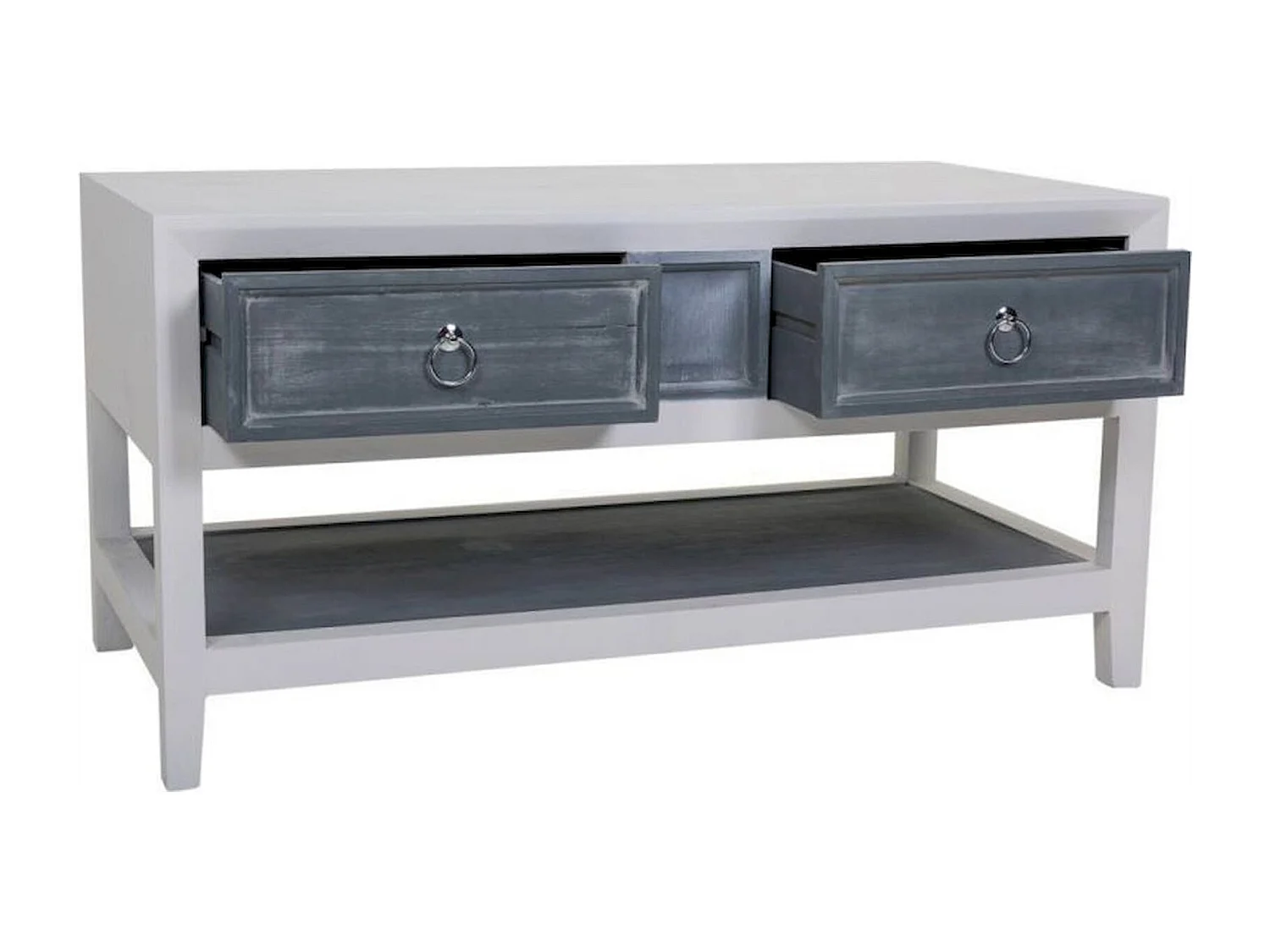 Table basse bois blanc et gris avec tiroirs et étagère