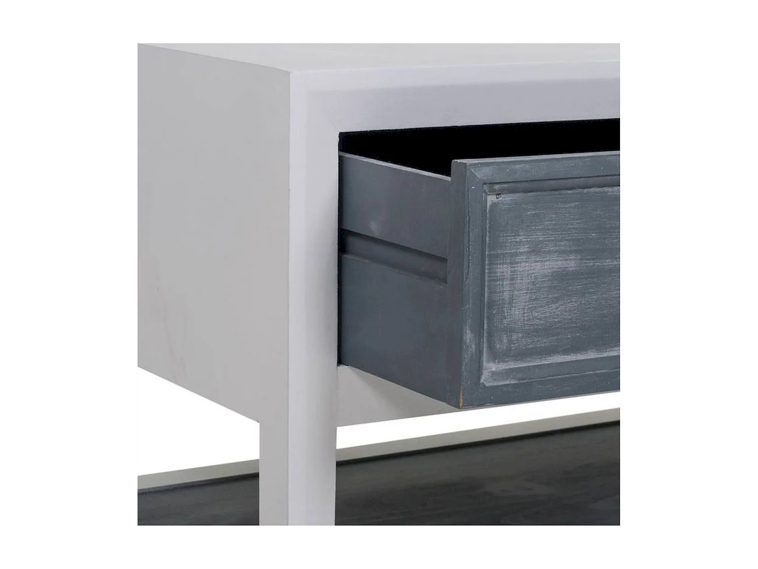 Table basse bois blanc et gris avec tiroirs et étagère