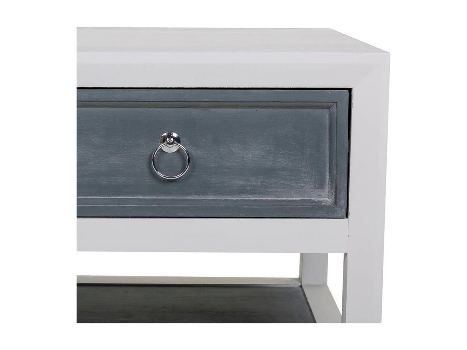 Table basse bois blanc et gris avec tiroirs et étagère