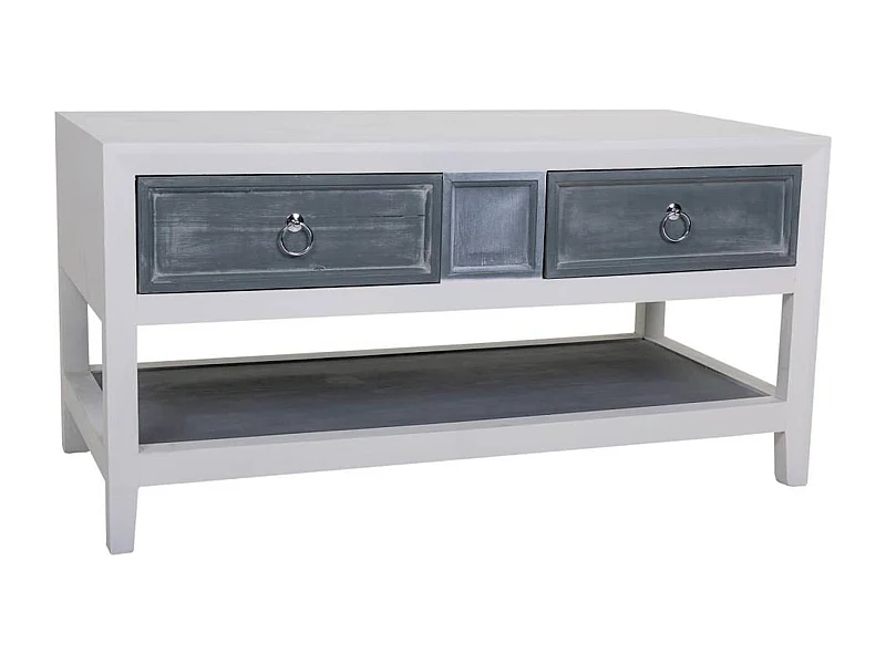 Table basse bois blanc et gris avec tiroirs et étagère