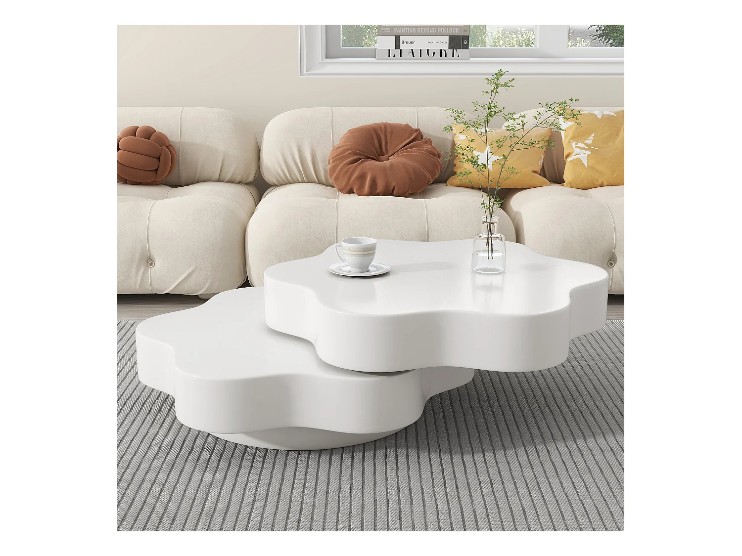 Table basse en forme de fleur - 74.8 x 67.5 x 31 cm - plateau supérieur rotatif à 360 °- aggloméré - blanc