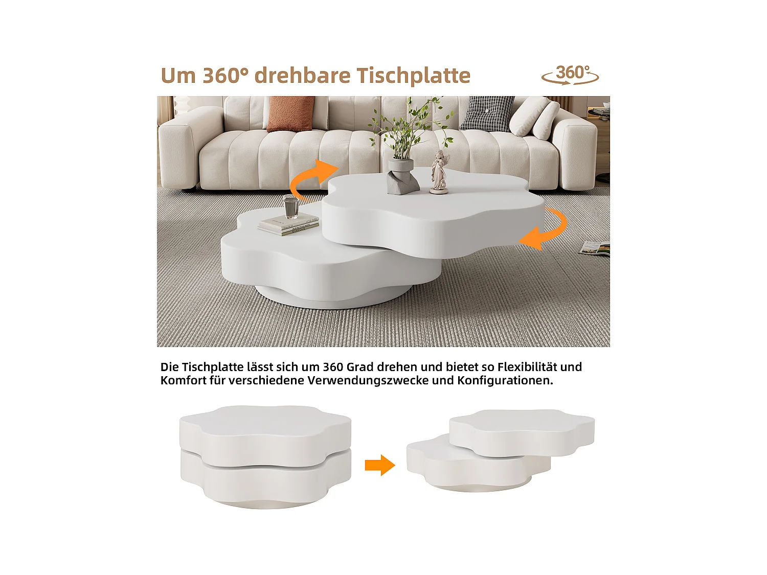 Table basse en forme de fleur - 74.8 x 67.5 x 31 cm - plateau supérieur rotatif à 360 °- aggloméré - blanc