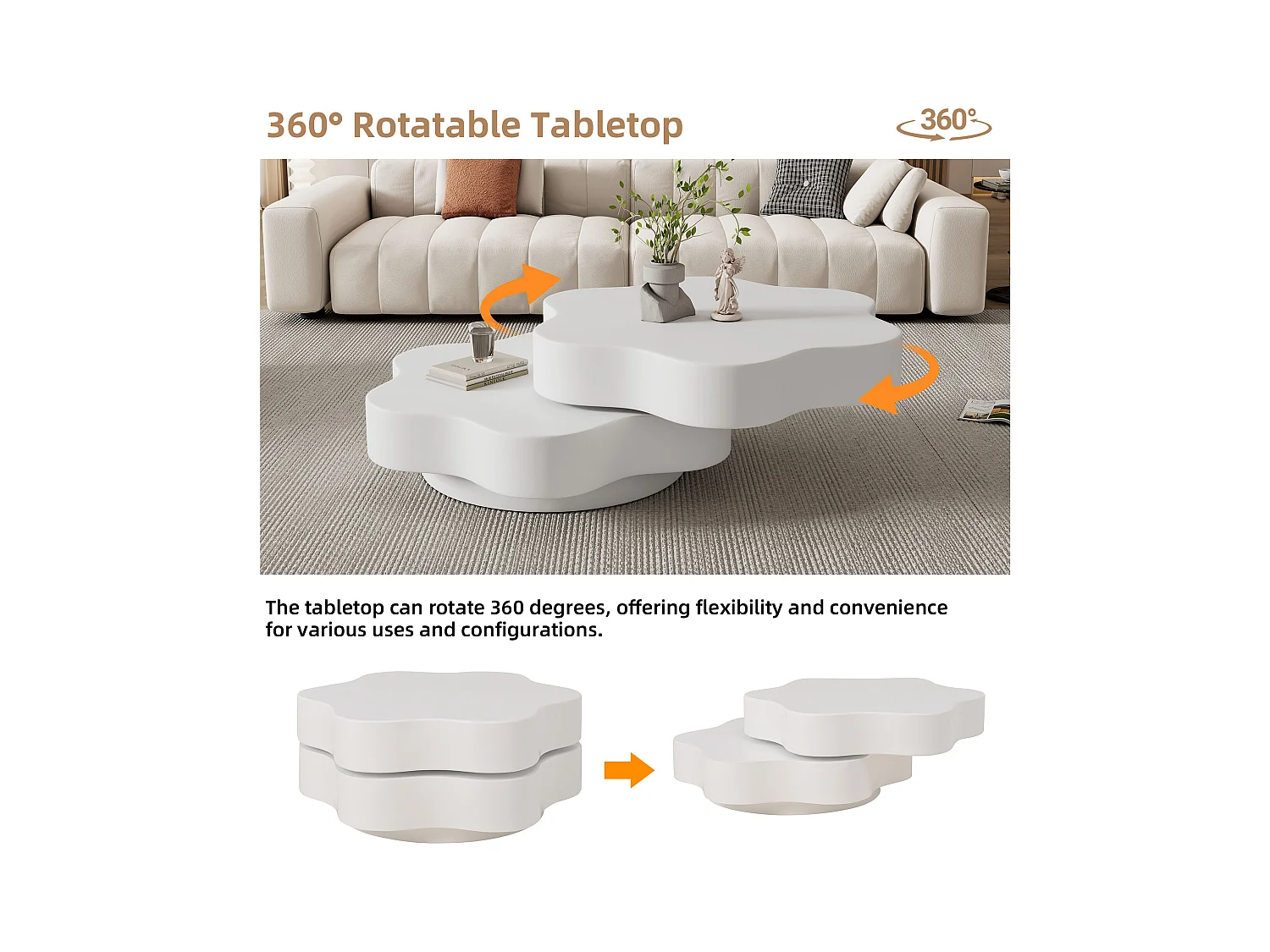 Table basse en forme de fleur - 74.8 x 67.5 x 31 cm - plateau supérieur rotatif à 360 °- aggloméré - blanc