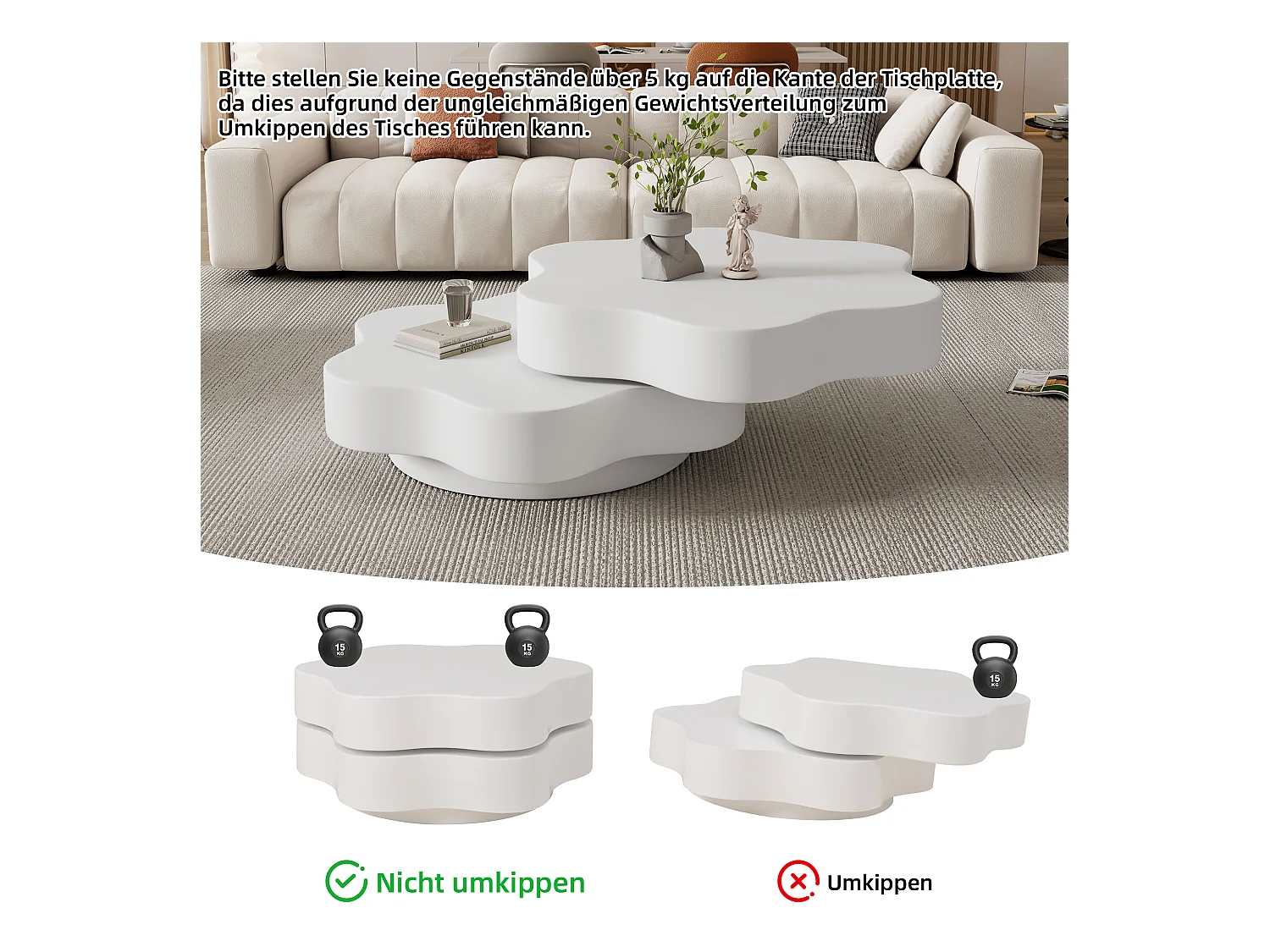 Table basse en forme de fleur - 74.8 x 67.5 x 31 cm - plateau supérieur rotatif à 360 °- aggloméré - blanc