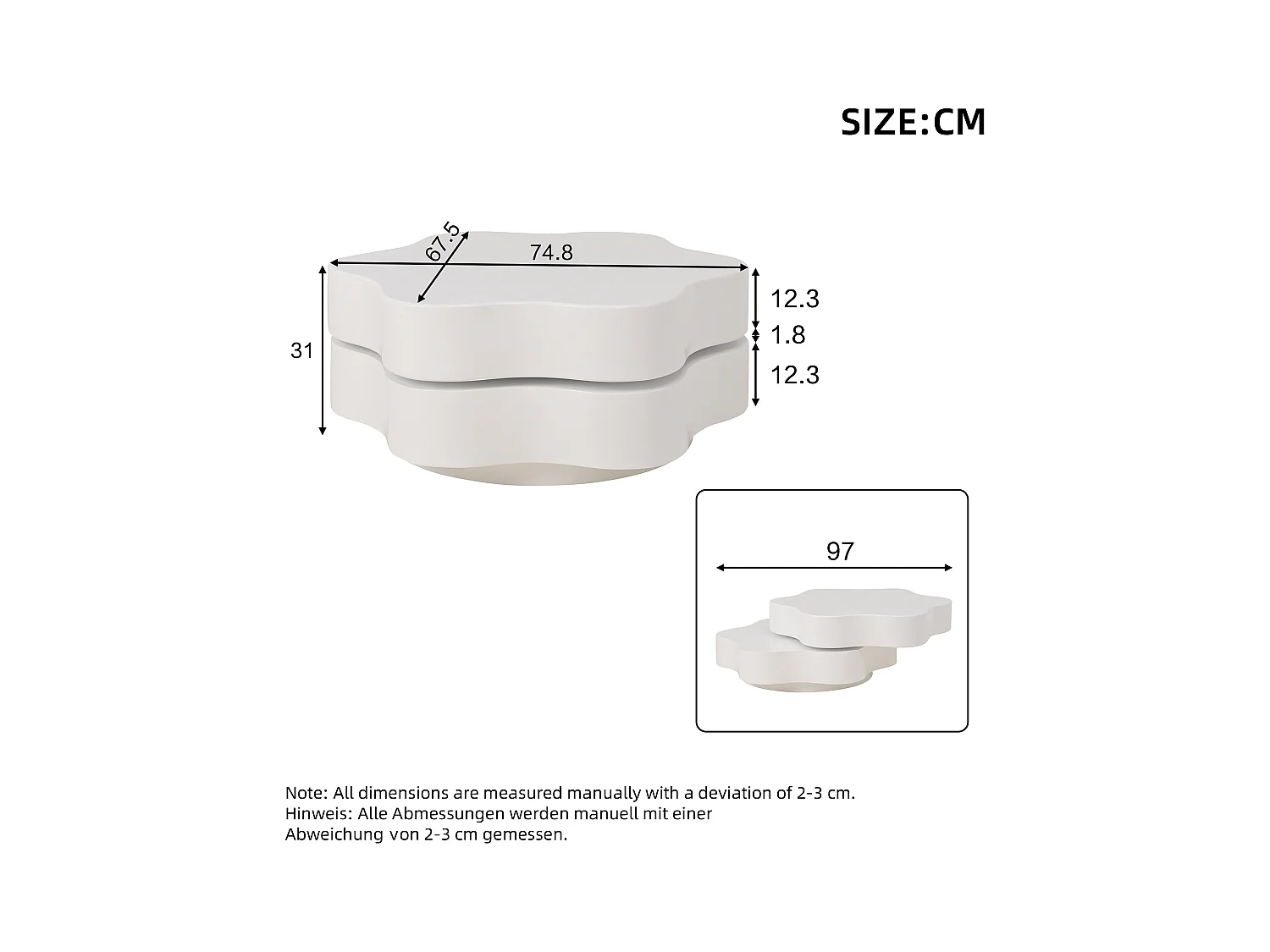Table basse en forme de fleur - 74.8 x 67.5 x 31 cm - plateau supérieur rotatif à 360 °- aggloméré - blanc