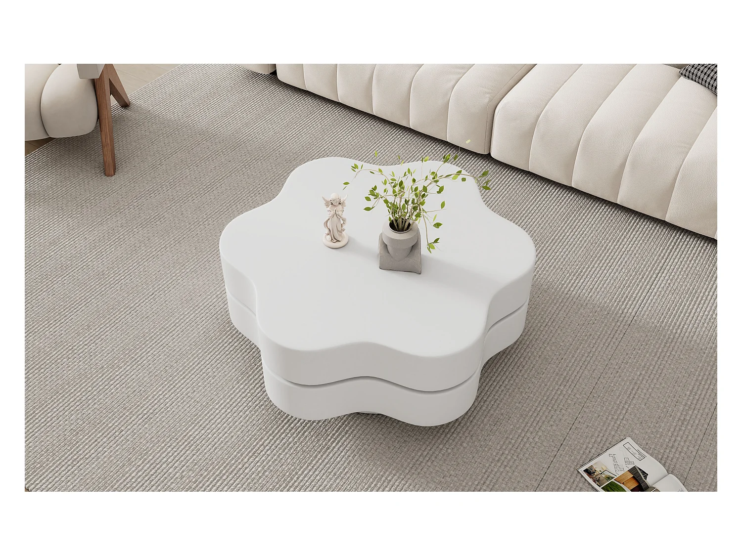 Table basse en forme de fleur - 74.8 x 67.5 x 31 cm - plateau supérieur rotatif à 360 °- aggloméré - blanc