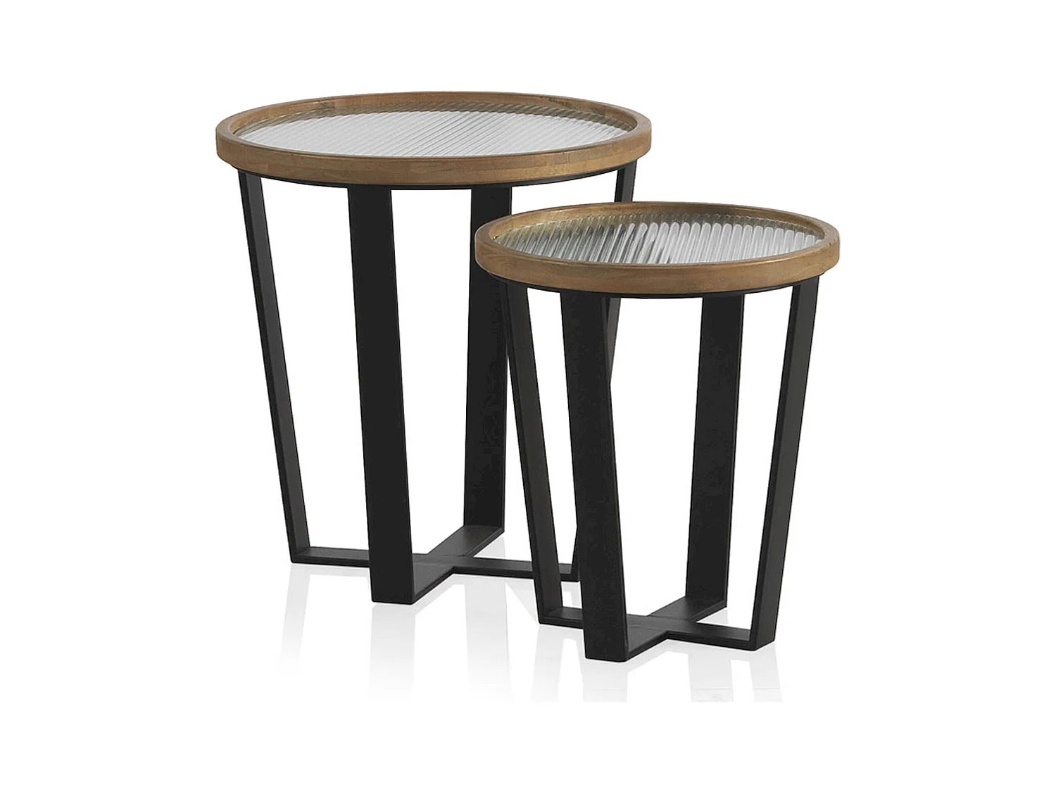 x2 Tables basses ronde en bois et métal avec plateau en verre trempé
