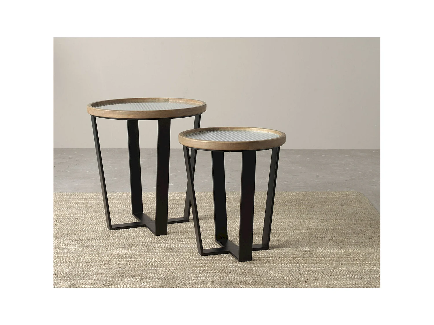 x2 Tables basses ronde en bois et métal avec plateau en verre trempé