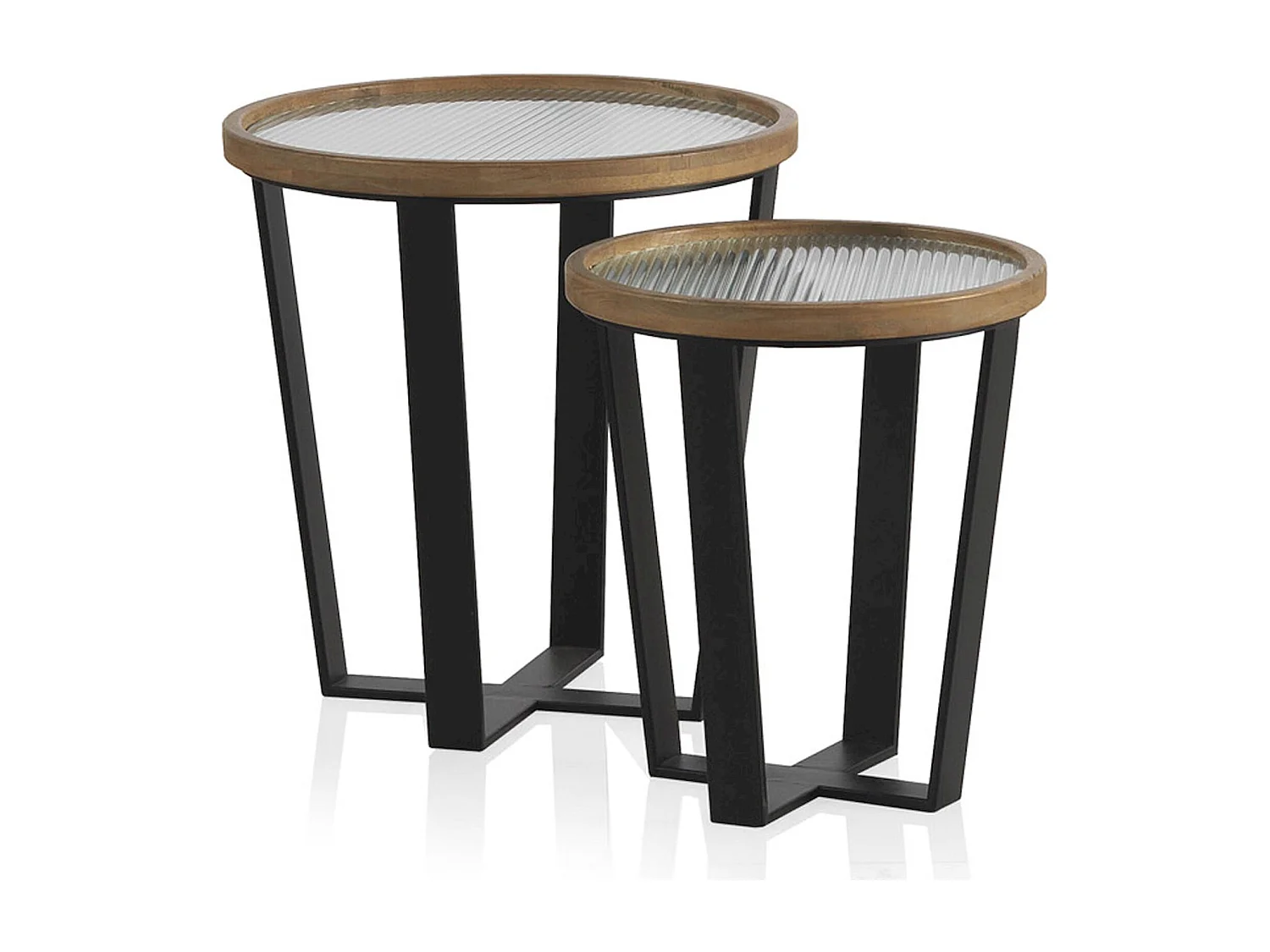 x2 Tables basses ronde en bois et métal avec plateau en verre trempé