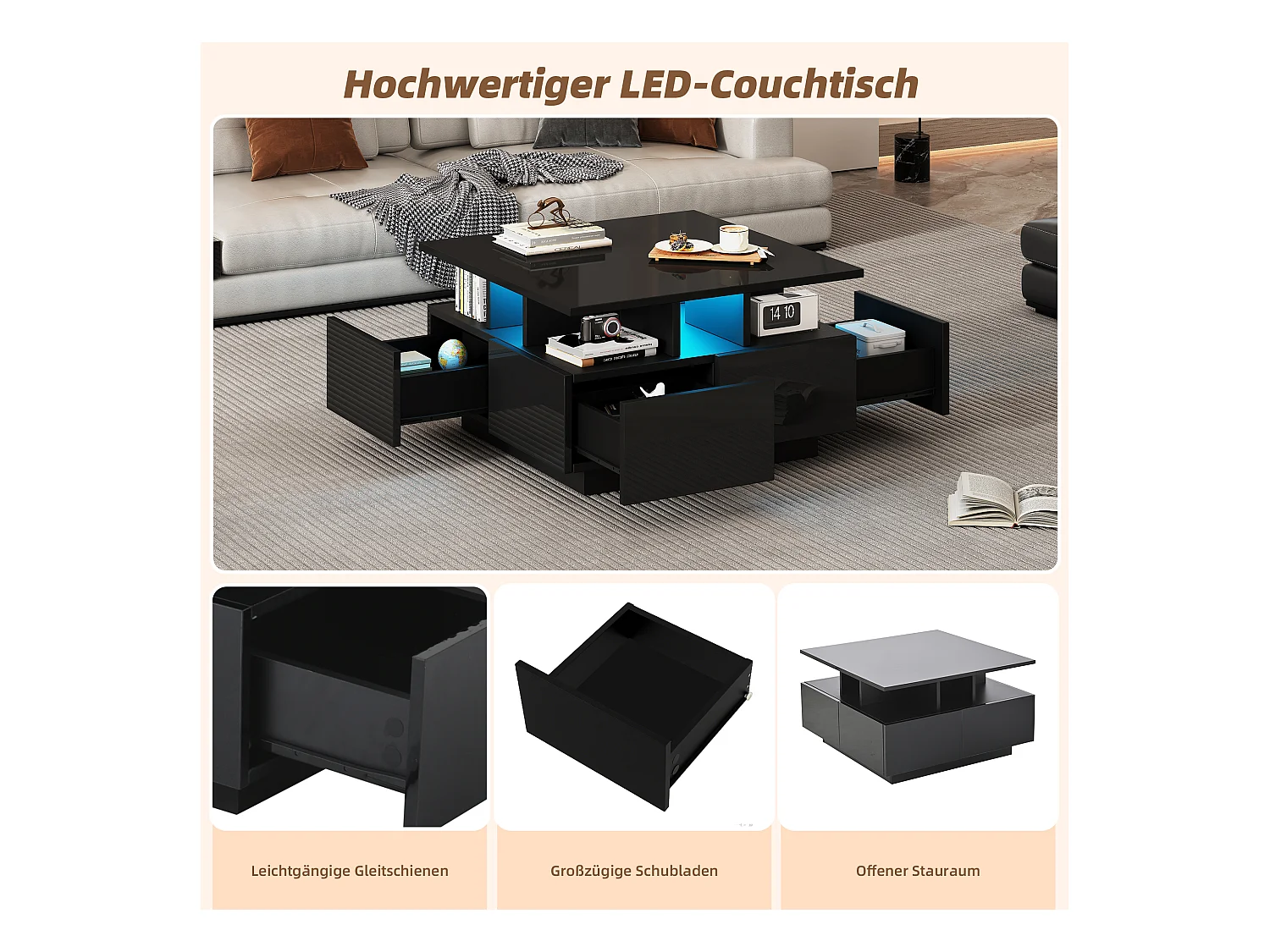 Glanzende salontafel - 70 x 70 x 40 cm - met LED's + 4 lades - Spaanplaat - zwart