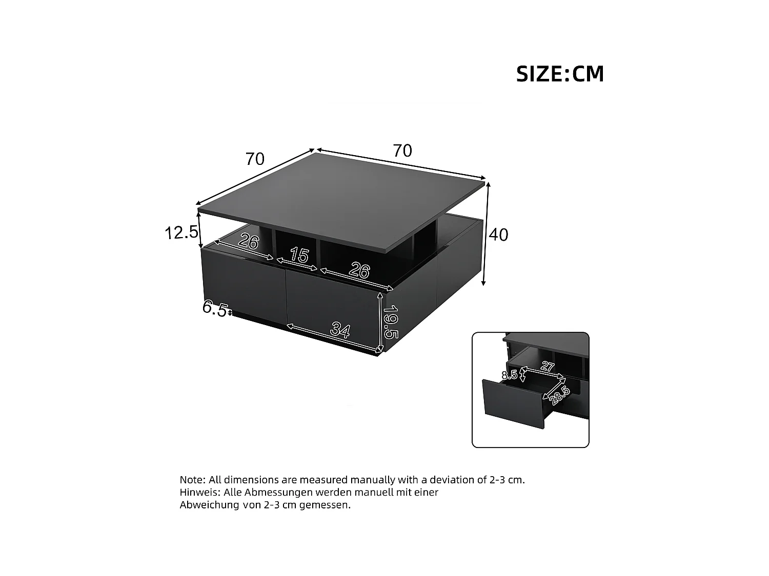 Glanzende salontafel - 70 x 70 x 40 cm - met LED's + 4 lades - Spaanplaat - zwart