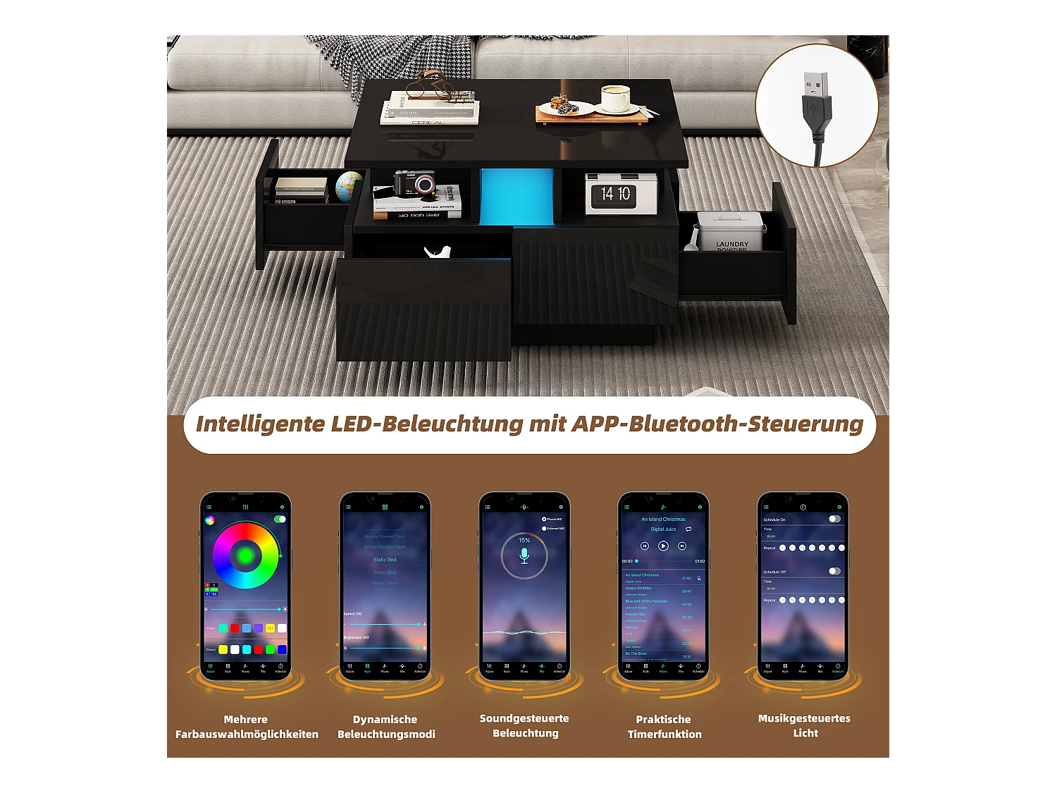 Glanzende salontafel - 70 x 70 x 40 cm - met LED's + 4 lades - Spaanplaat - zwart