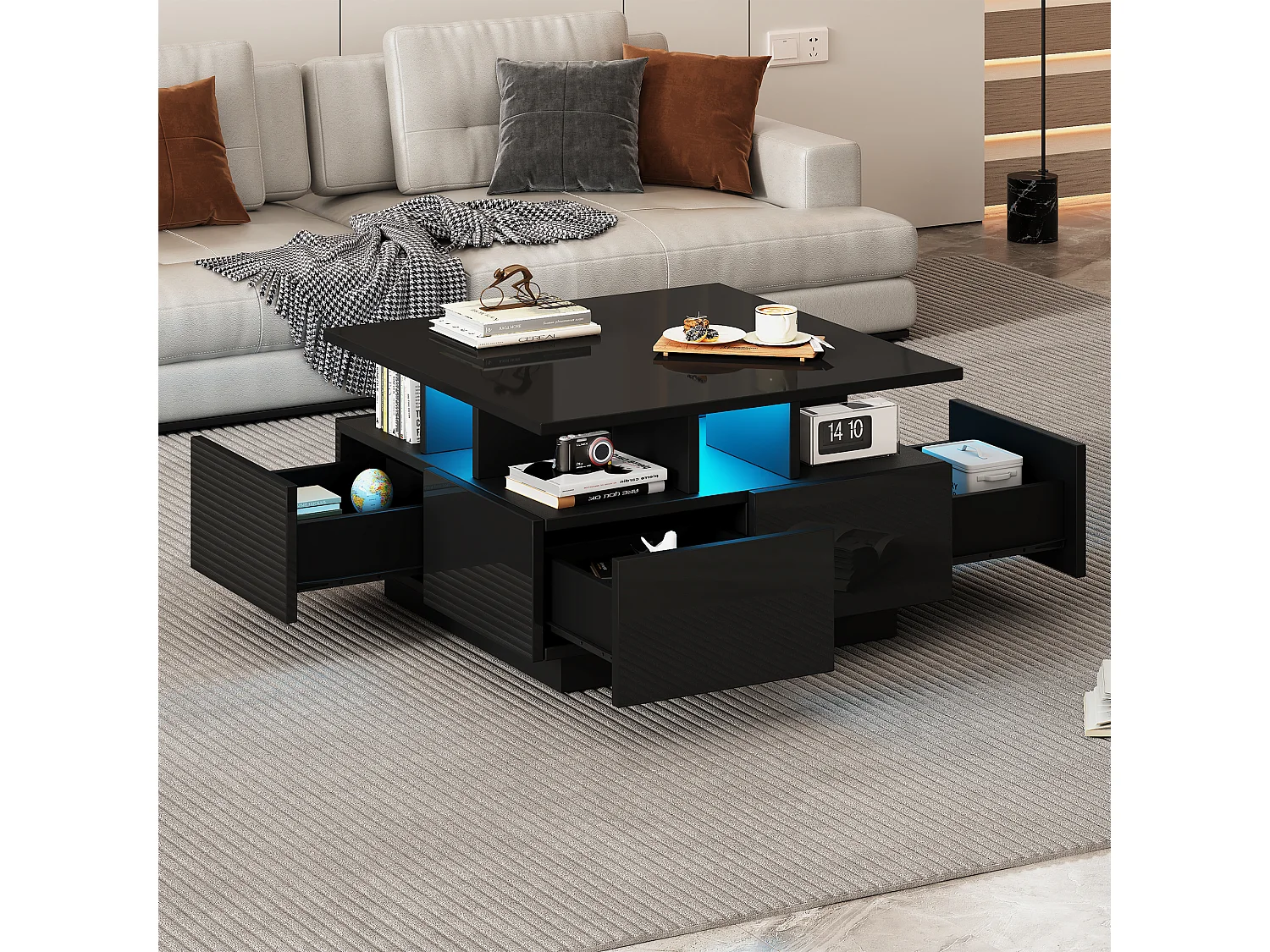 Table basse brillante - 70 x 70 x 40 cm - avec Leds + 4 tiroirs - Aggloméré - noir