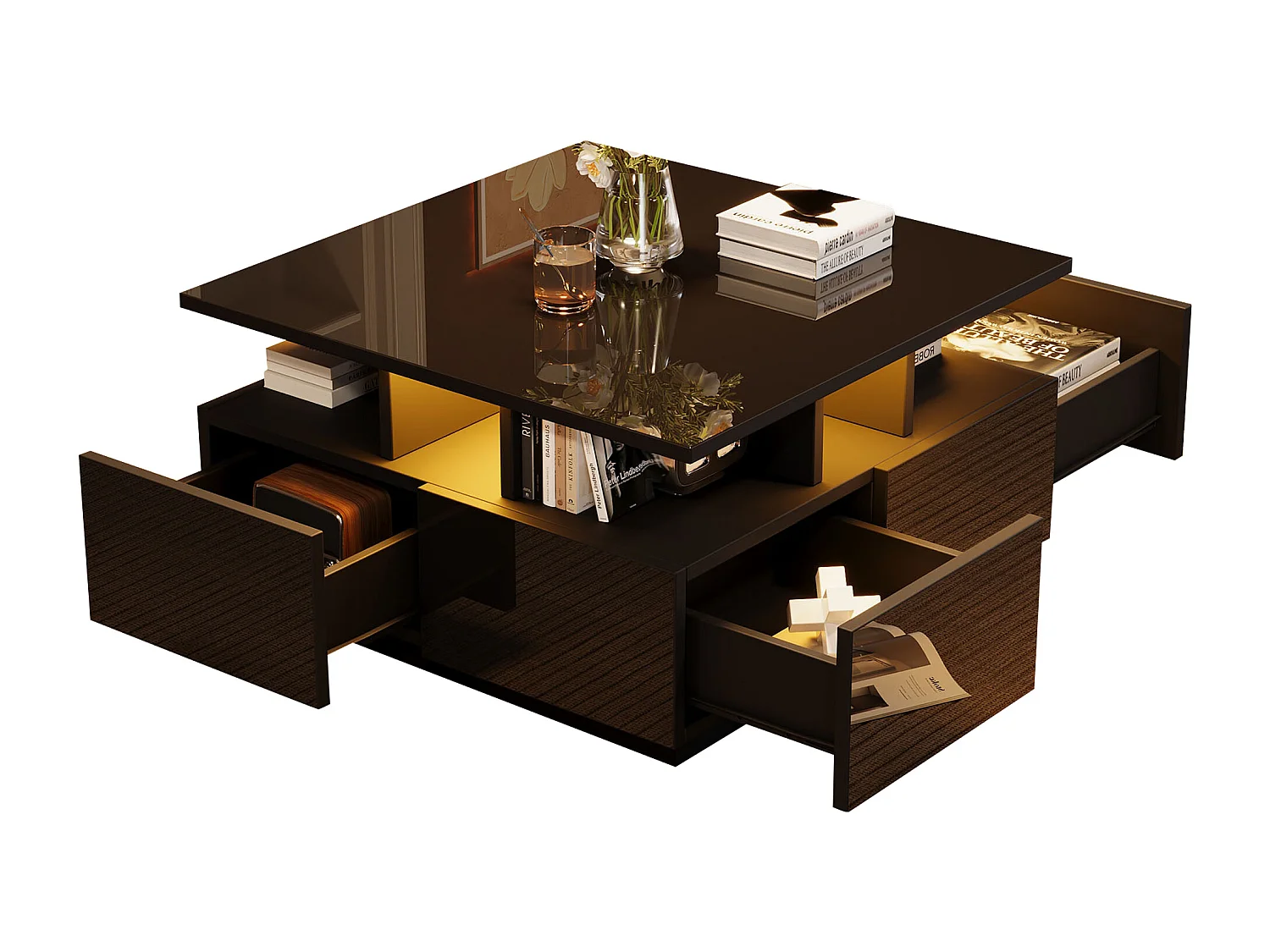 Table basse brillante - 70 x 70 x 40 cm - avec Leds + 4 tiroirs - Aggloméré - noir