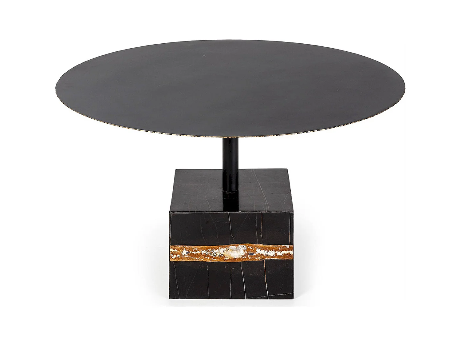 table à café élégante en métal noir et marbre doré raffiné