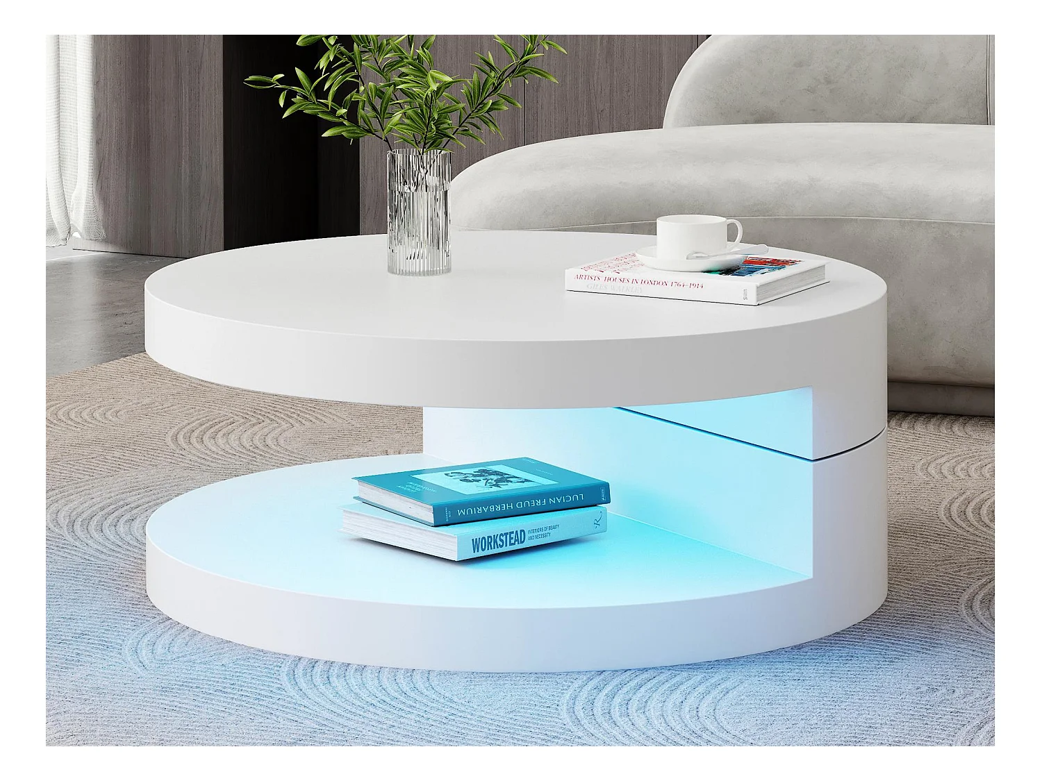 Table basse cylindrique rotative 70x70x35.5 cm - Plateau pivotant à 360° - avec éclairage LED - Blanc