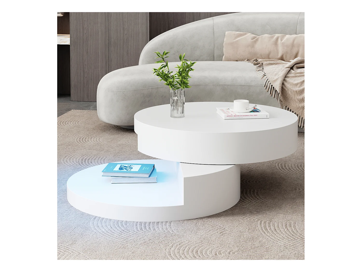 Table basse cylindrique rotative 70x70x35.5 cm - Plateau pivotant à 360° - avec éclairage LED - Blanc