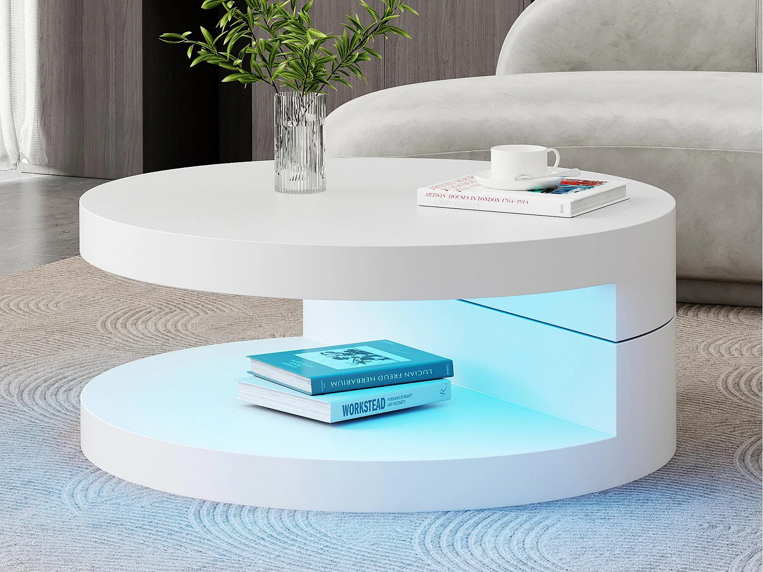 Drehbarer Zylinder-Couchtisch 70×70×35,5 cm - 360° drehbarer Tischplateau - mit LED-Beleuchtung - weiß