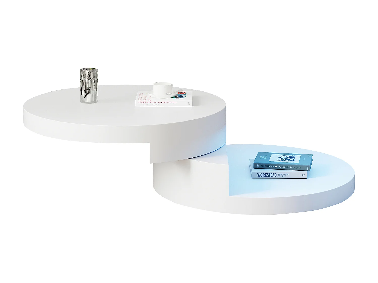 Drehbarer Zylinder-Couchtisch 70×70×35,5 cm - 360° drehbarer Tischplateau - mit LED-Beleuchtung - weiß