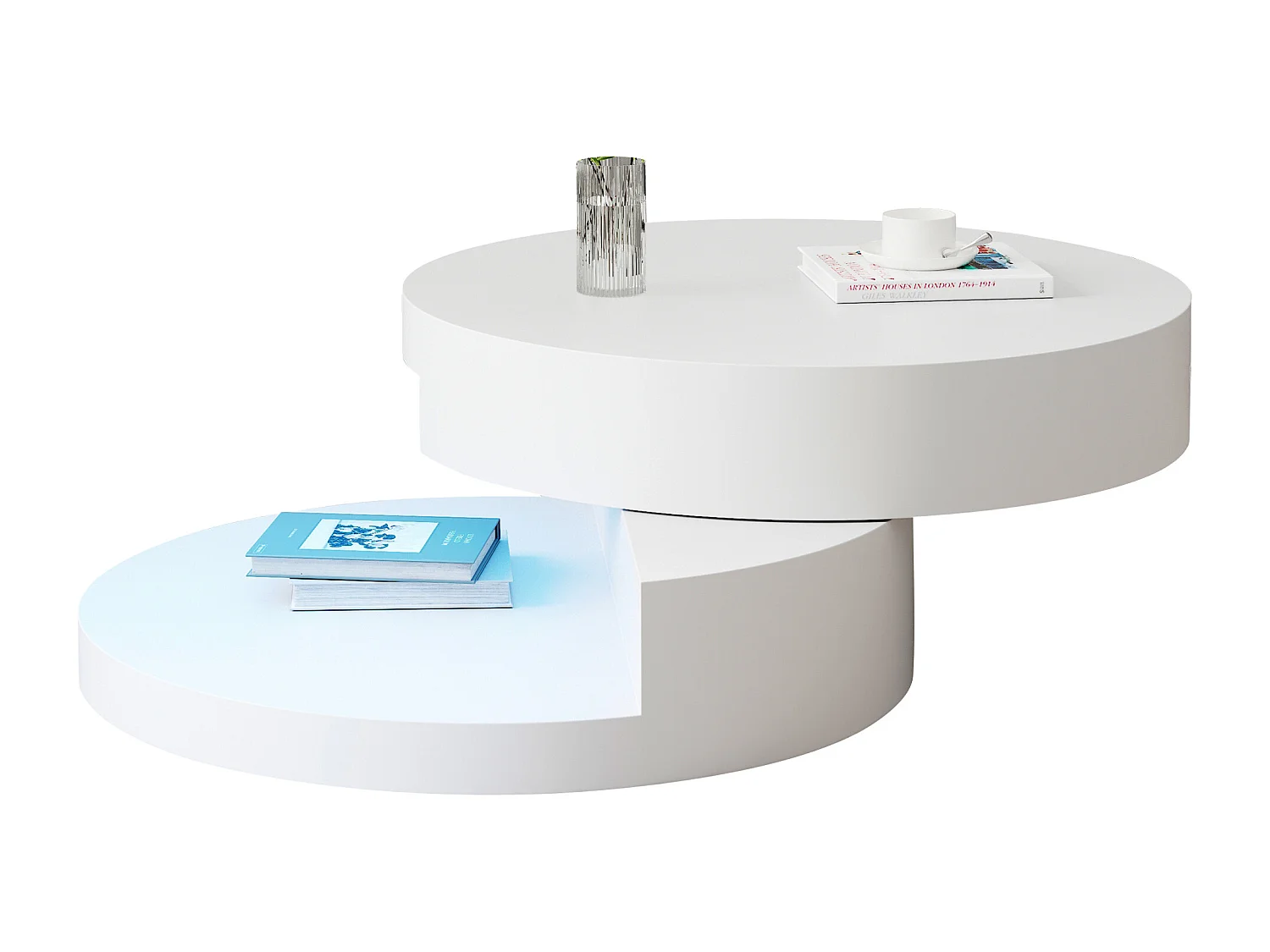 Drehbarer Zylinder-Couchtisch 70×70×35,5 cm - 360° drehbarer Tischplateau - mit LED-Beleuchtung - weiß