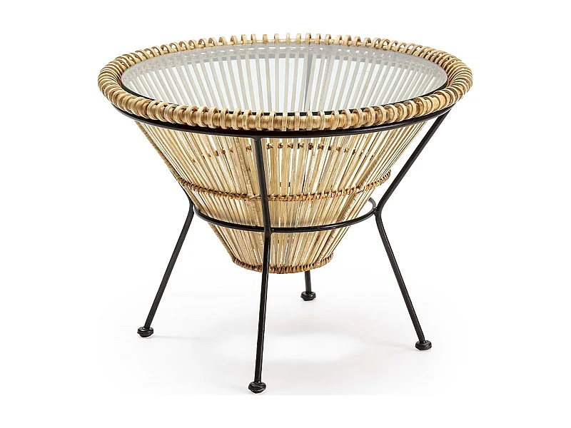 Table à café osier naturel et métal noir design salon