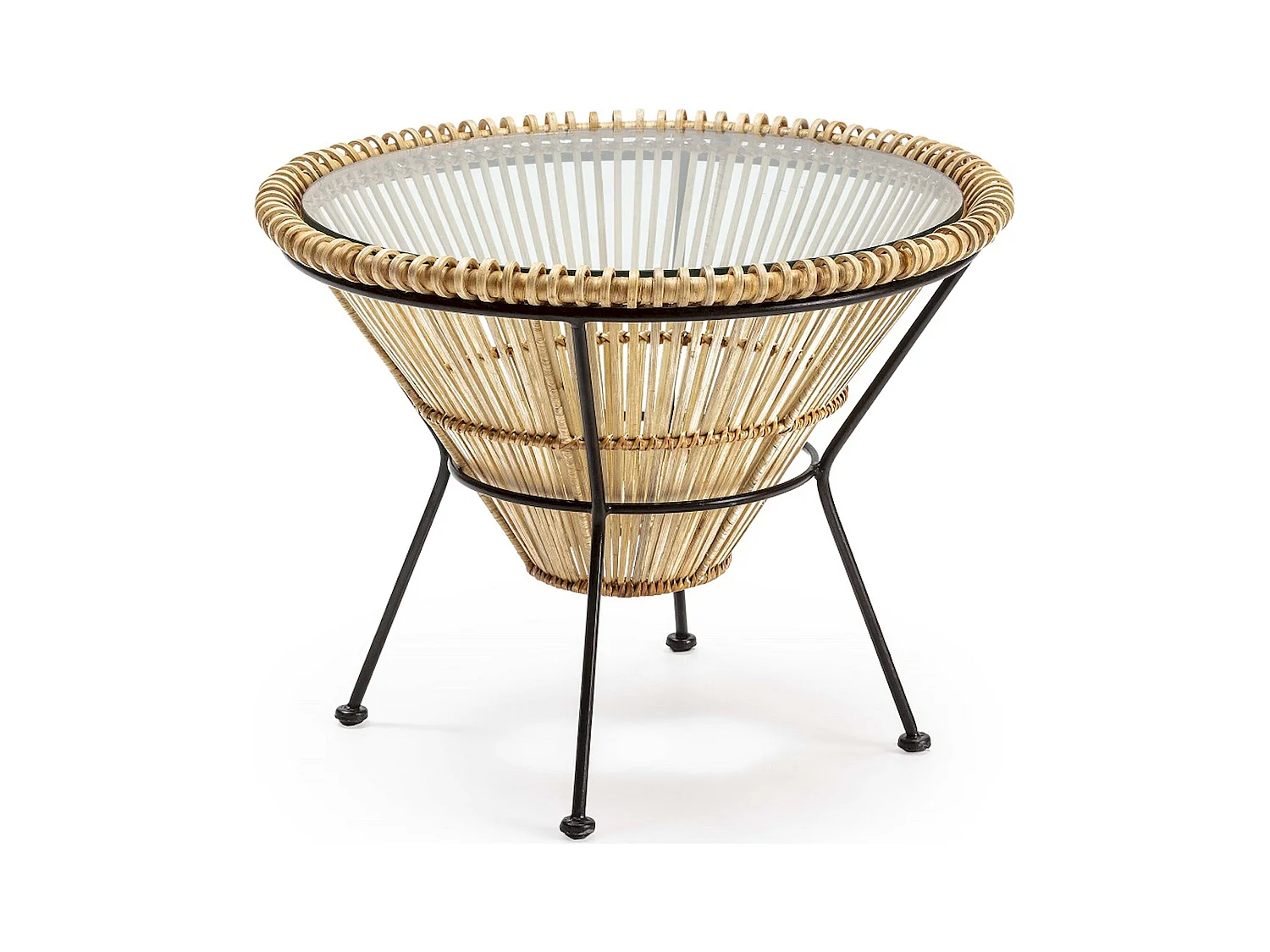 Table à café osier naturel et métal noir design salon