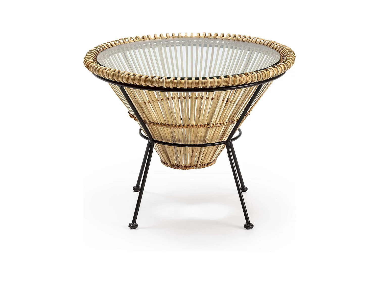 Table à café osier naturel et métal noir design salon