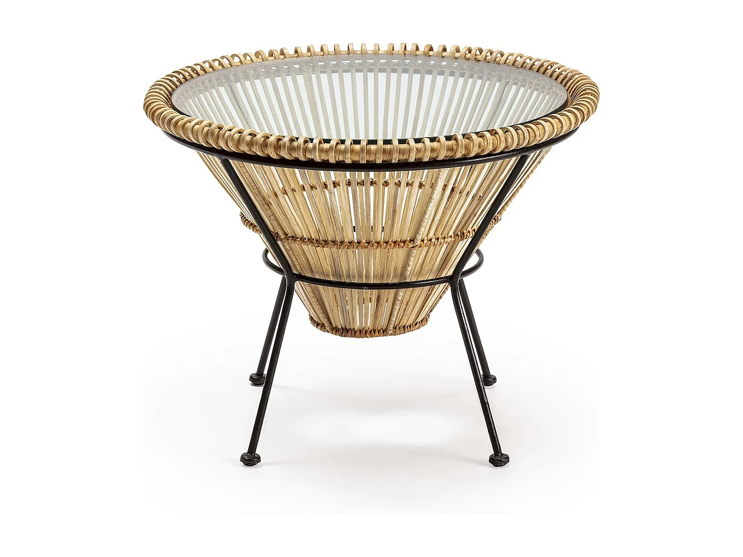 Table à café osier naturel et métal noir design salon