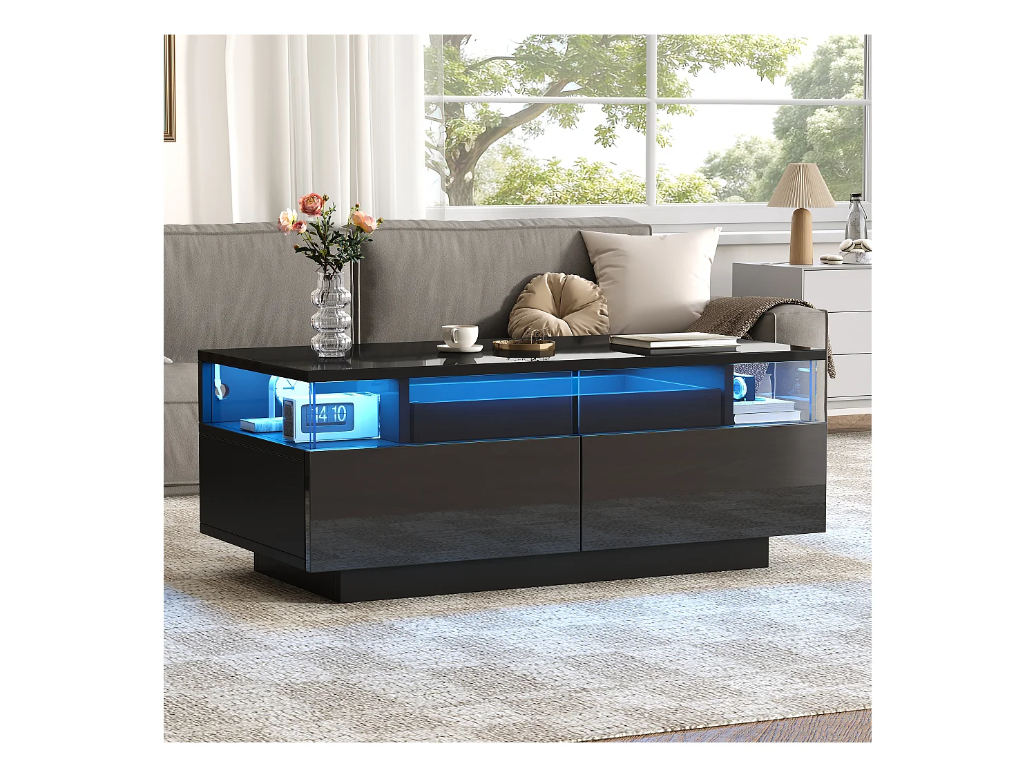 Glänzender Couchtisch - 90 x 45 x 35,5 cm - mit 2 Schubladen + LEDs - Hartglas + MDF - Schwarz