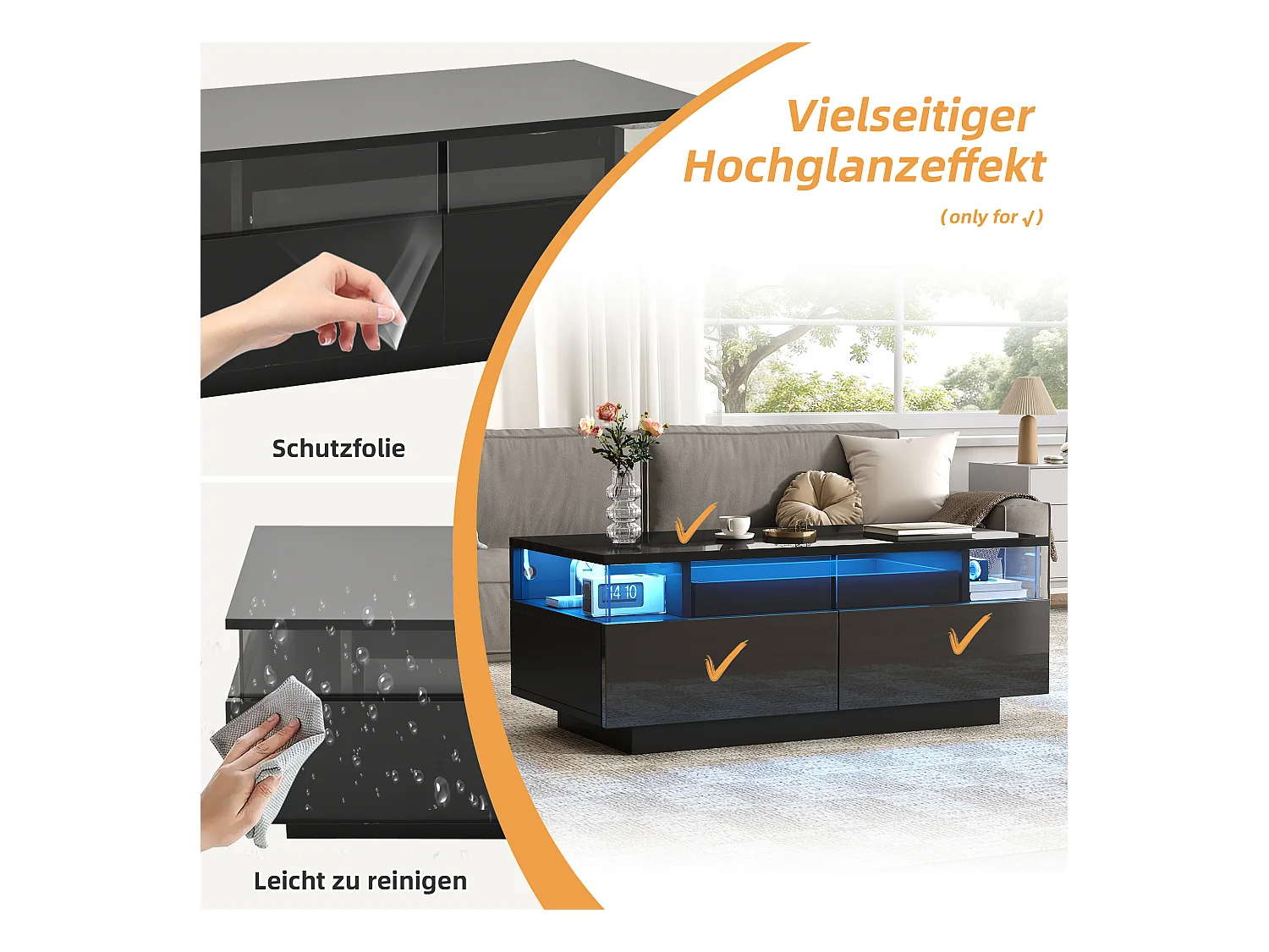 Glänzender Couchtisch - 90 x 45 x 35,5 cm - mit 2 Schubladen + LEDs - Hartglas + MDF - Schwarz