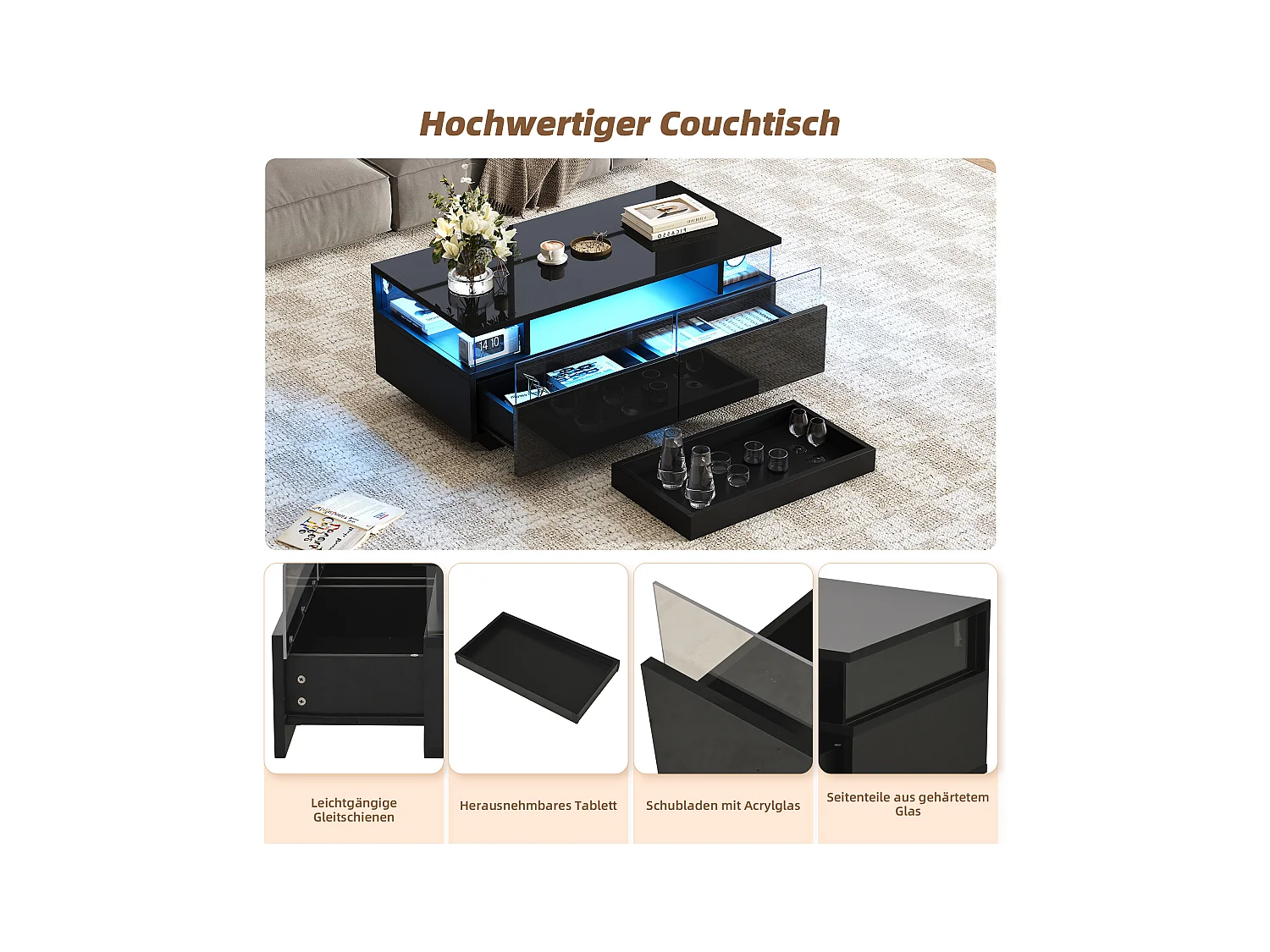 Glänzender Couchtisch - 90 x 45 x 35,5 cm - mit 2 Schubladen + LEDs - Hartglas + MDF - Schwarz