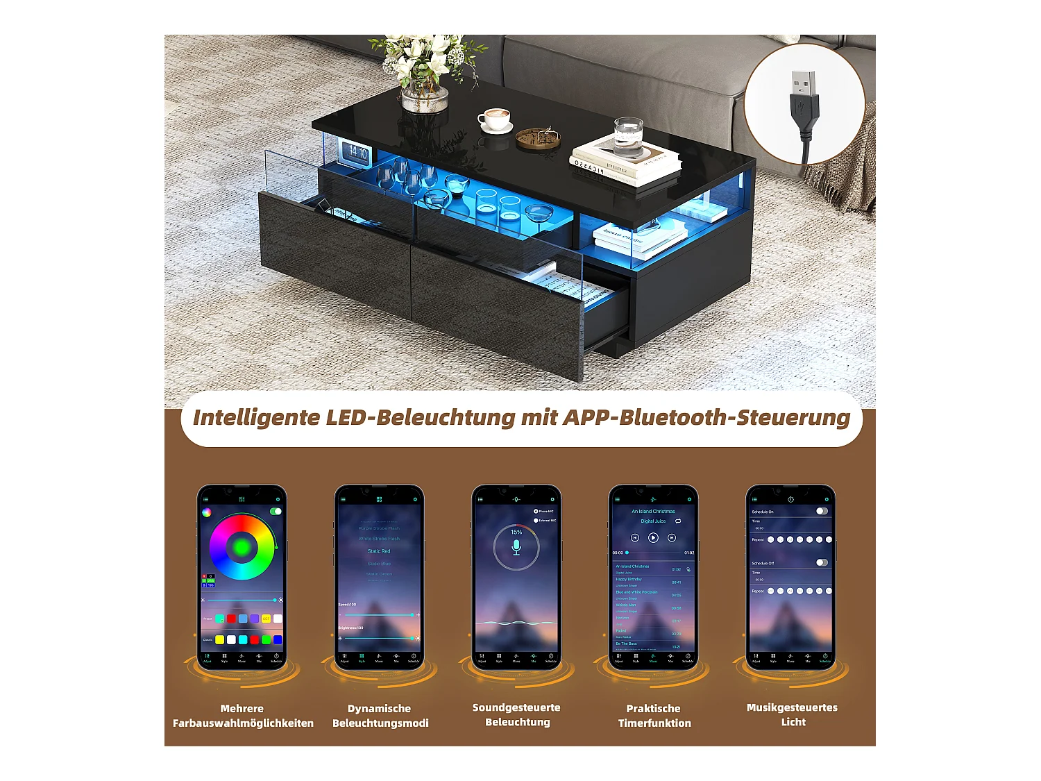 Glänzender Couchtisch - 90 x 45 x 35,5 cm - mit 2 Schubladen + LEDs - Hartglas + MDF - Schwarz