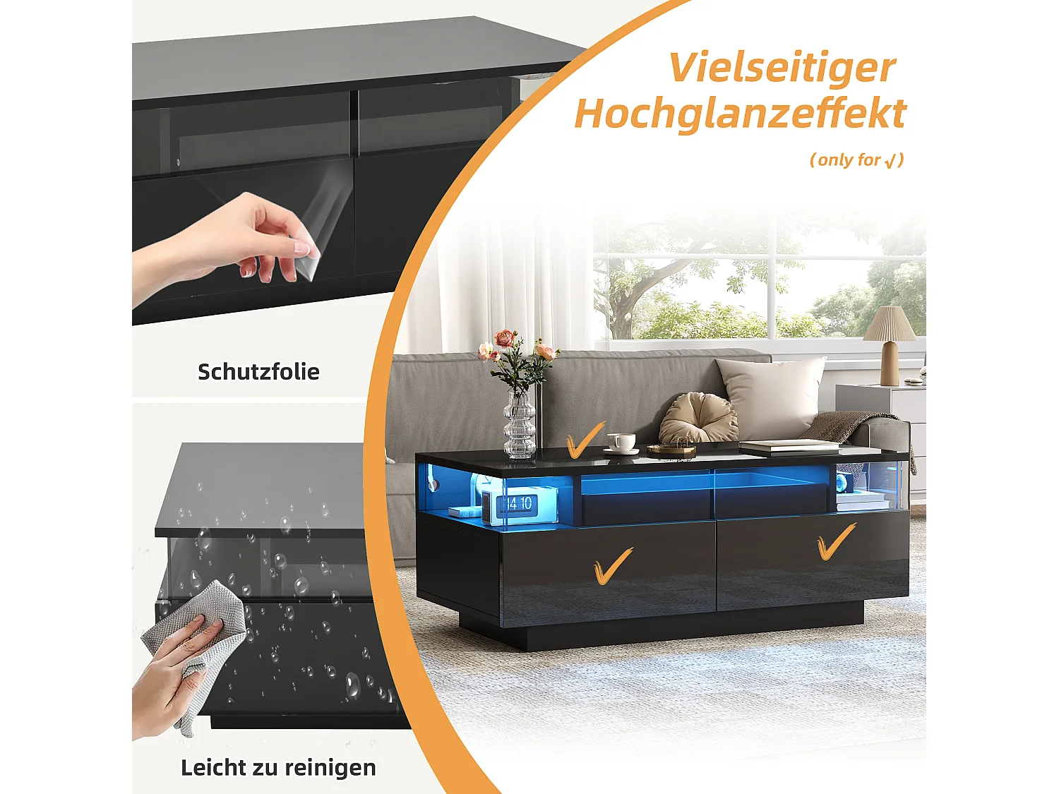 Tavolino da caffè lucido - 90 x 45 x 35,5 cm - con 2 cassetti + LED - vetro temperato + MDF - nero