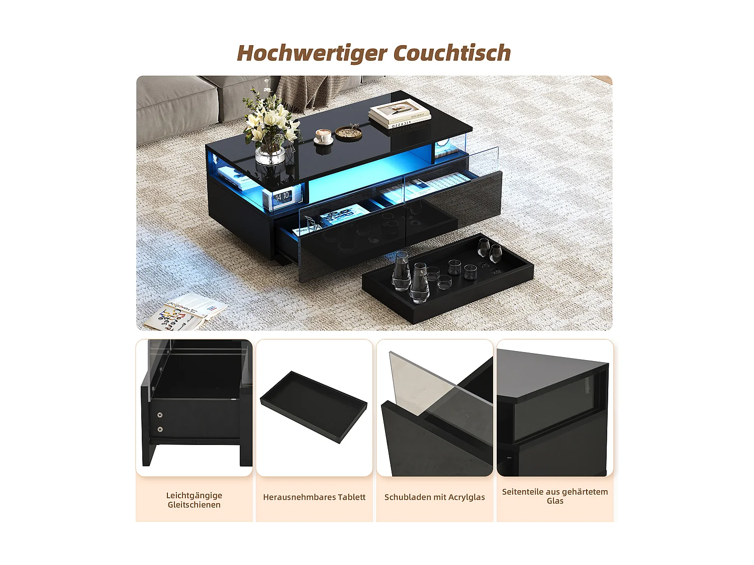 Tavolino da caffè lucido - 90 x 45 x 35,5 cm - con 2 cassetti + LED - vetro temperato + MDF - nero